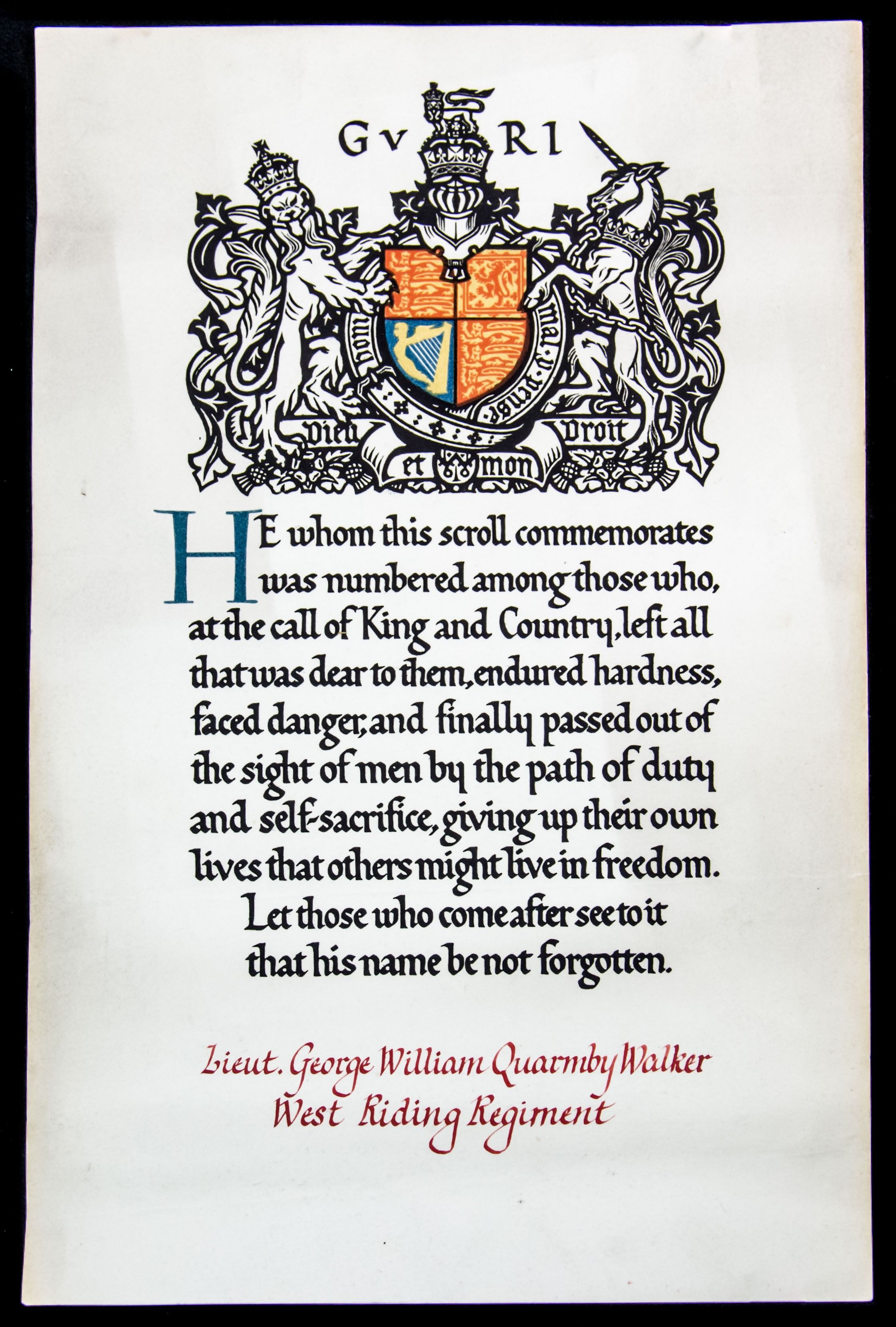 Battle of the Somme Officer’s Memorial Scroll issued in memory of Lieutenant G.W.Q. Walker, 1st/7...