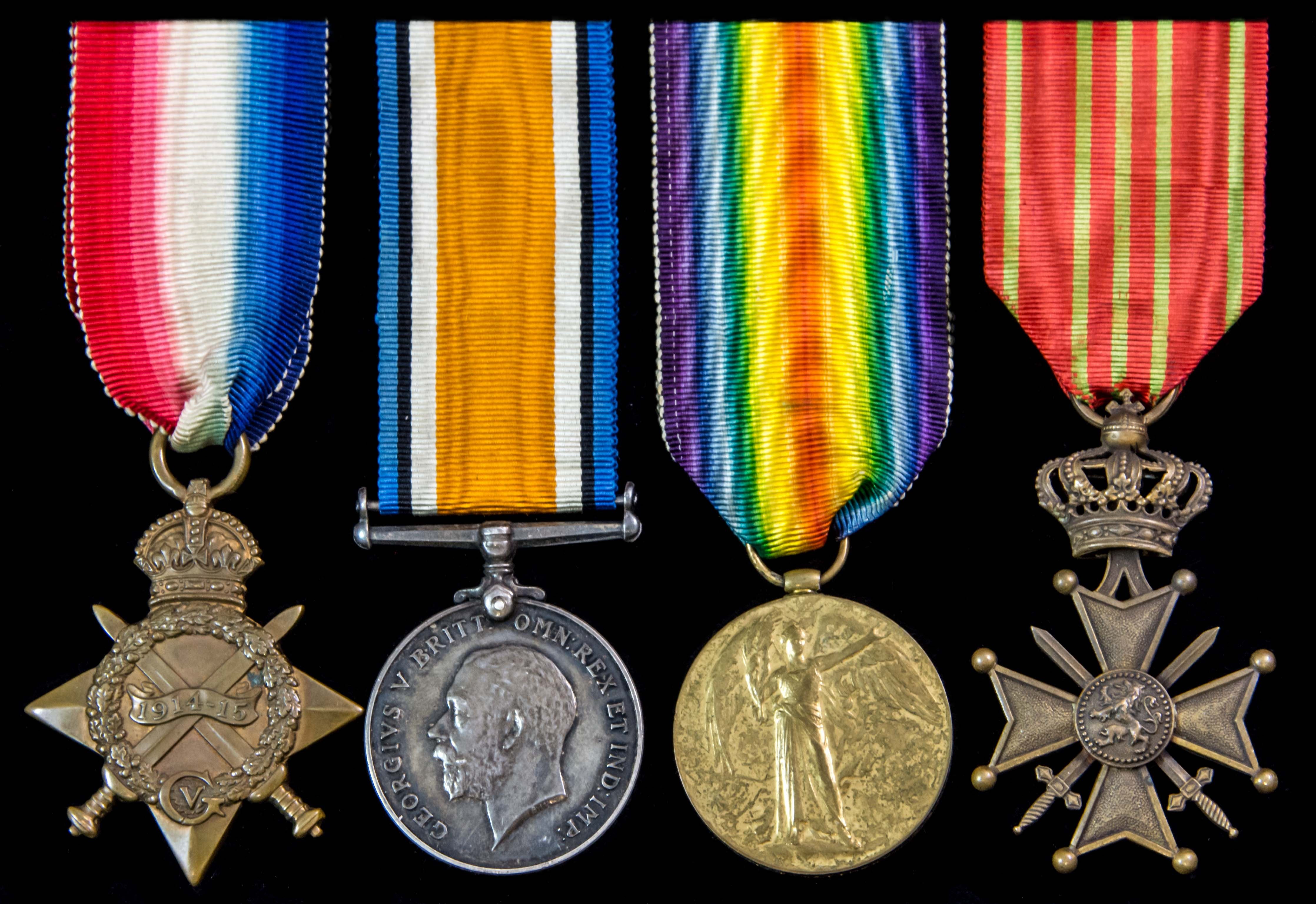 Great War 1914-1915 Star trio and Belgian Croix De Guerre group awarded to Gunner T. Matthews, Ro...