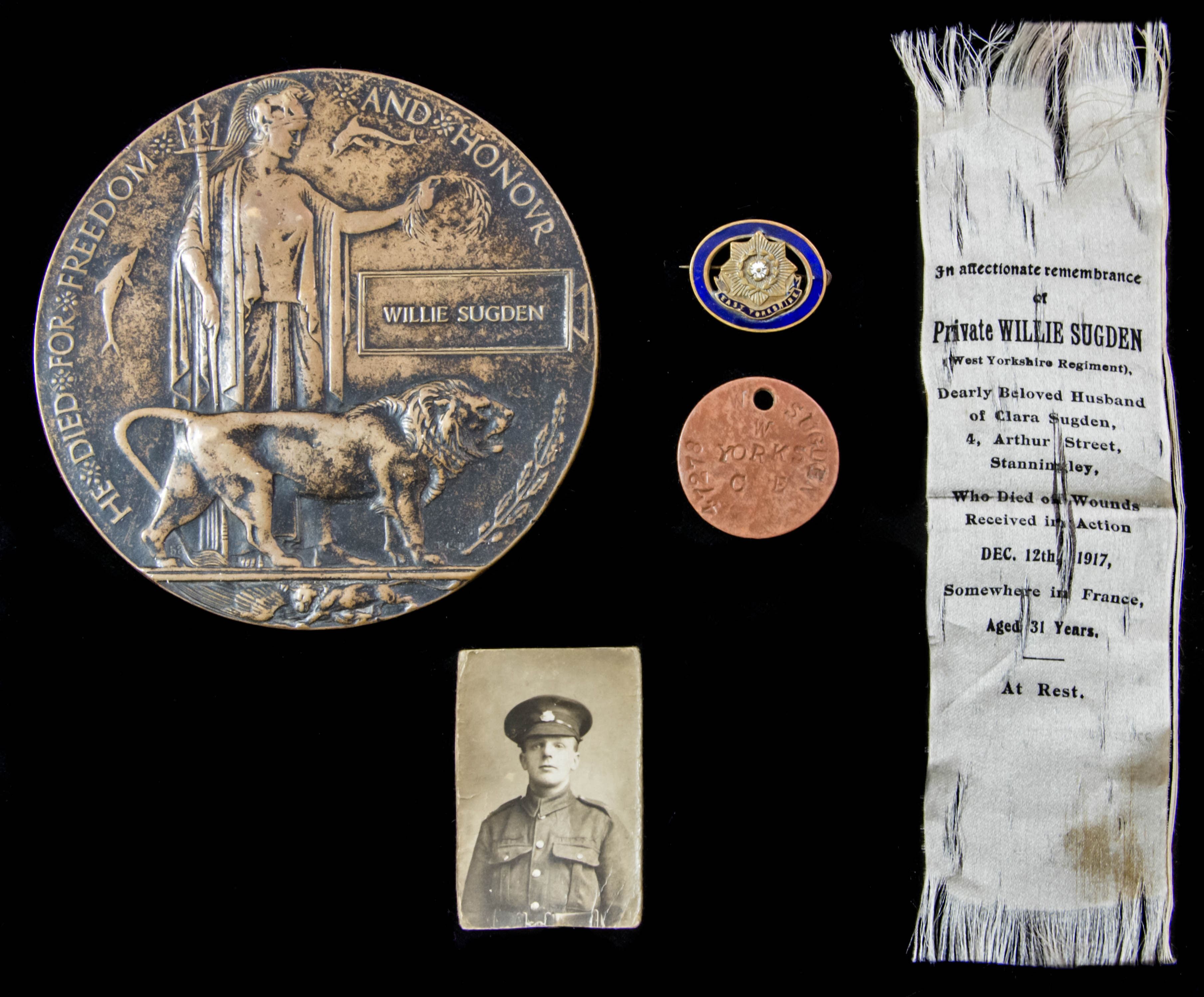 Great War Memorial Plaque issued in memory of Private Willie Sugden, 12th Battalion, Prince of Wa...