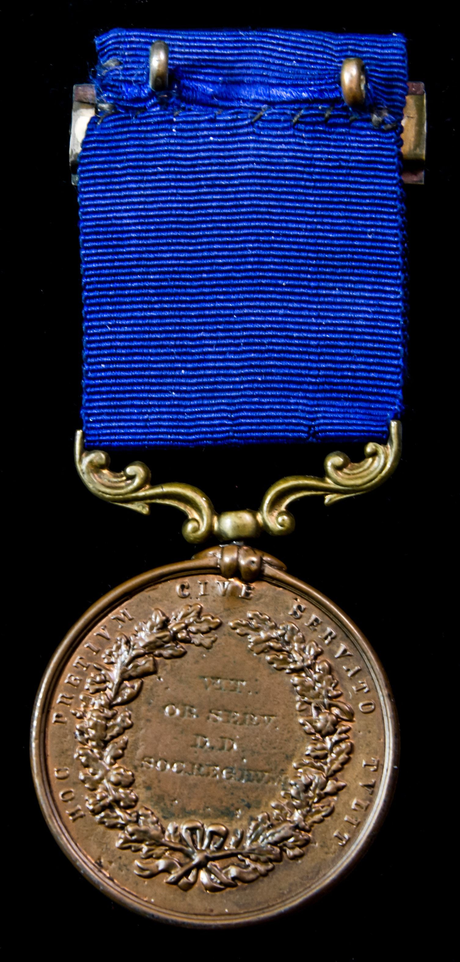 Royal Humane Society Medal in bronze, 3rd small type awarded to Samuel Dunbar for saving life in ...