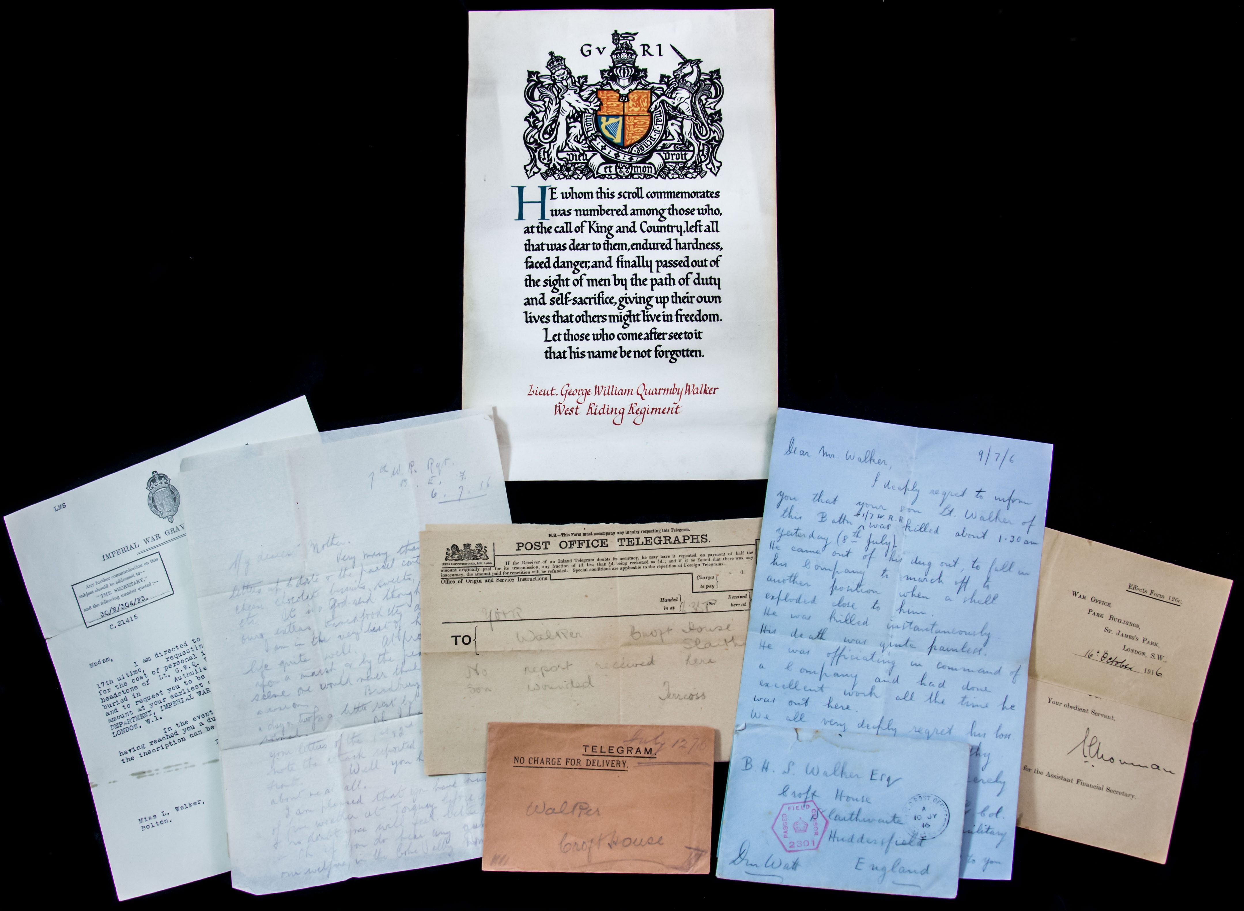 Battle of the Somme Officer’s Memorial Scroll issued in memory of Lieutenant G.W.Q. Walker, 1st/7...