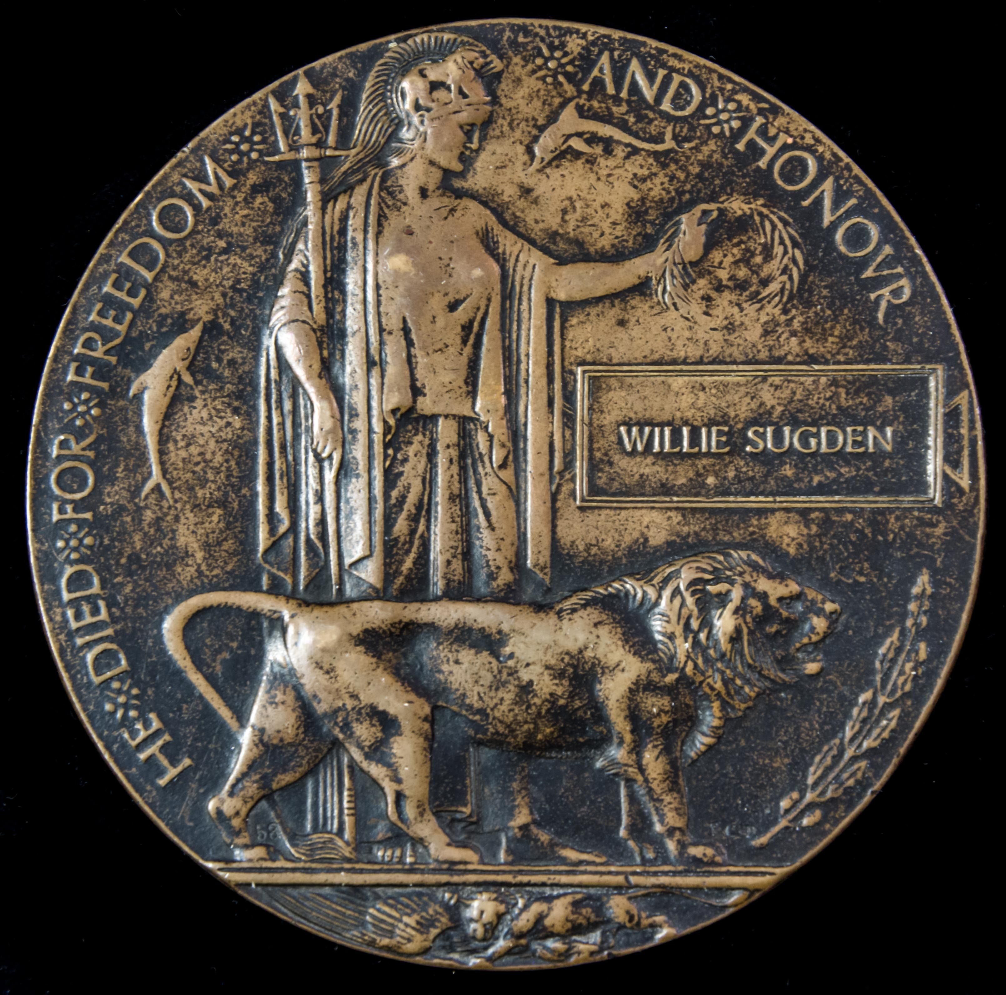 Great War Memorial Plaque issued in memory of Private Willie Sugden, 12th Battalion, Prince of Wa...