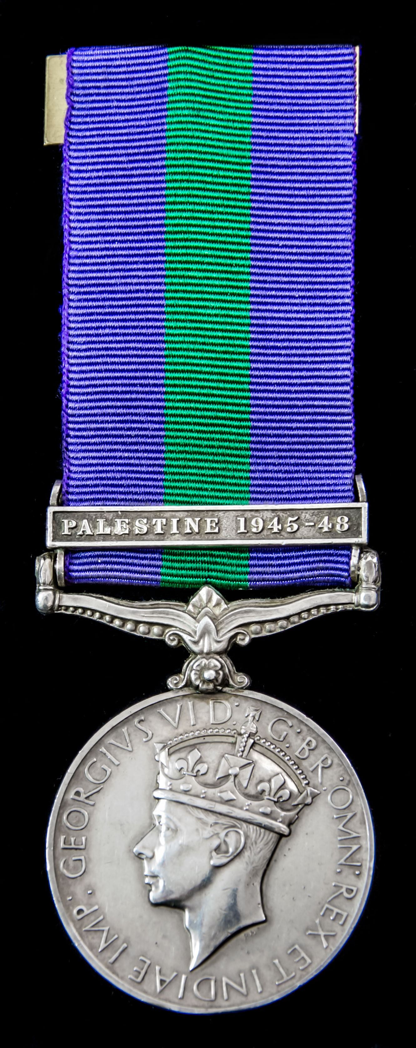 General Service Medal 1918-1962, GVIR 1st type bust, 1 Clasp: Palestine 1945-48, renamed to Serge...