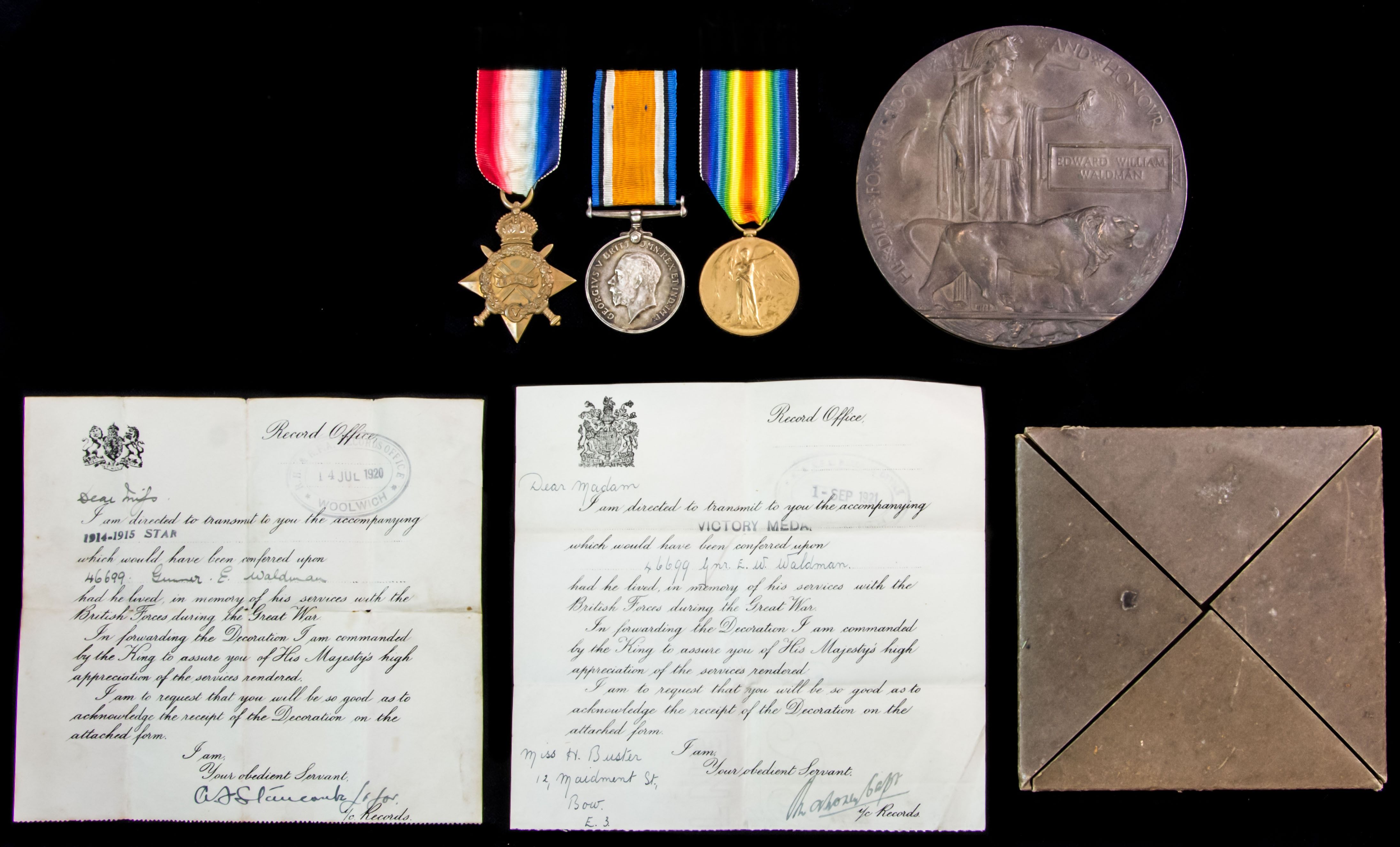 Great War Battle of Arras 1914-1915 Star trio and Memorial Plaque awarded to Private E.W. Waldman...