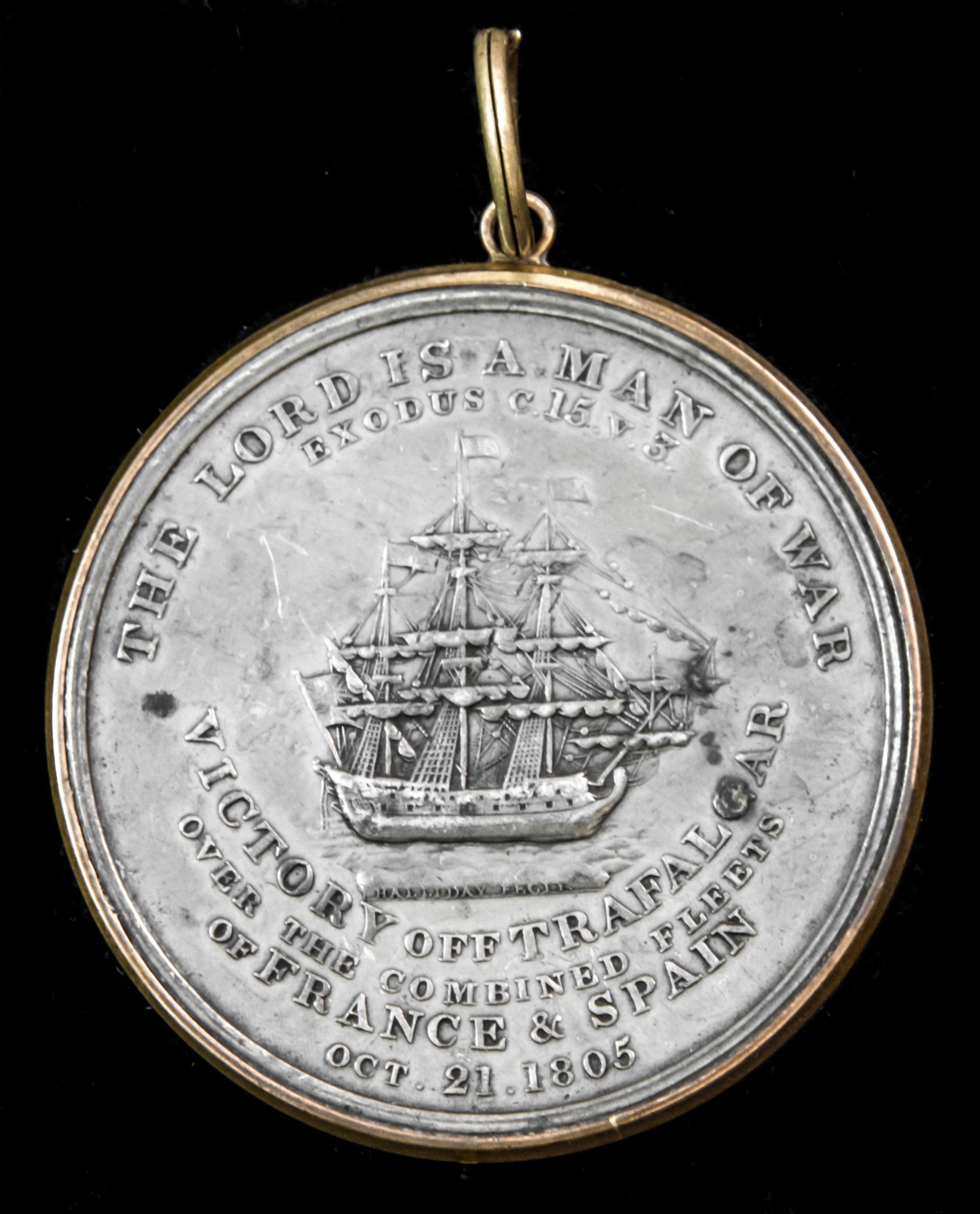 A fine example of the Davison’s Trafalgar Medal 1805, Pewter with contemporary brass frame, compl...