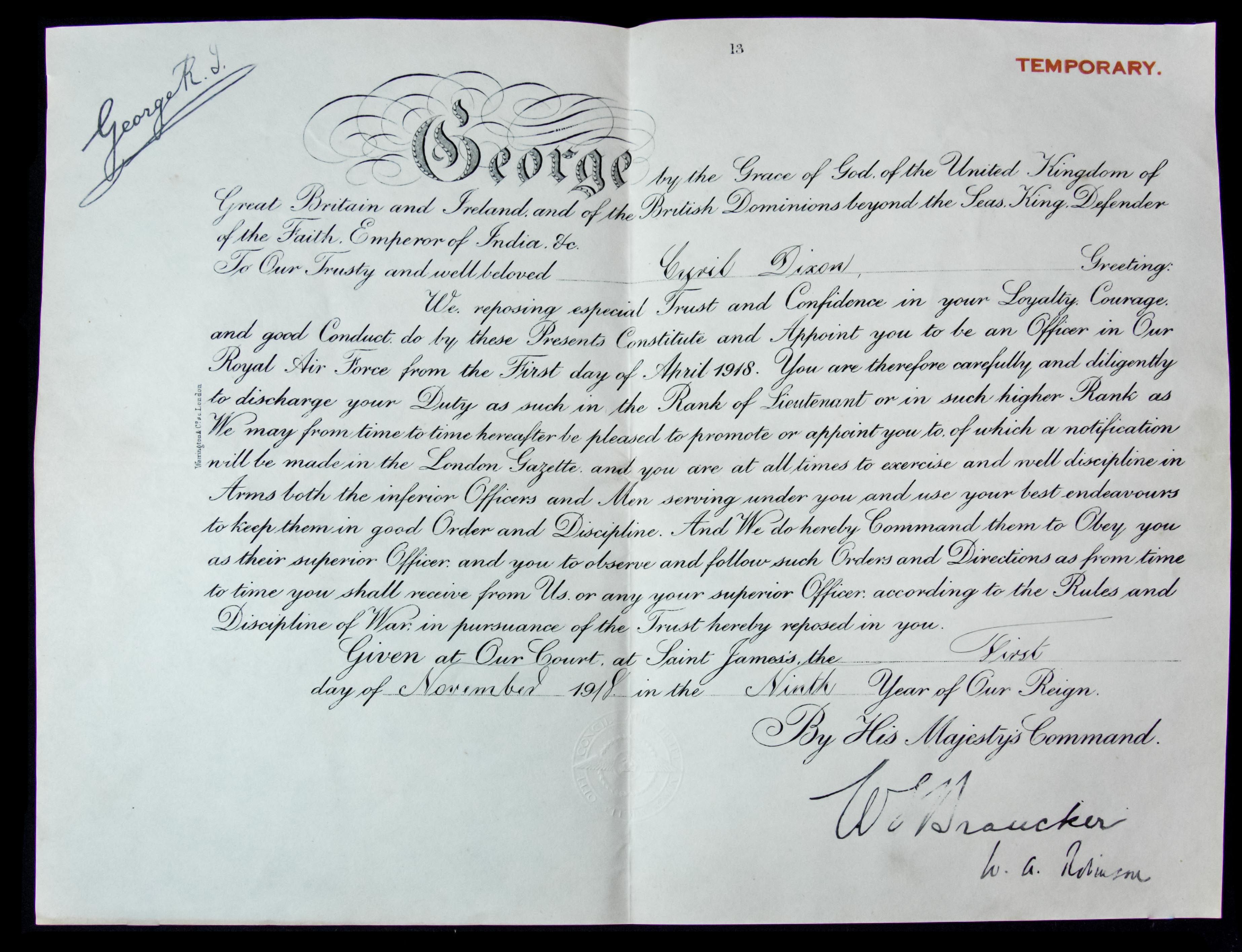 Great Britain: The formation of the Royal Air Force, a ‘Temporary’ appointment to be a Lieutenant...