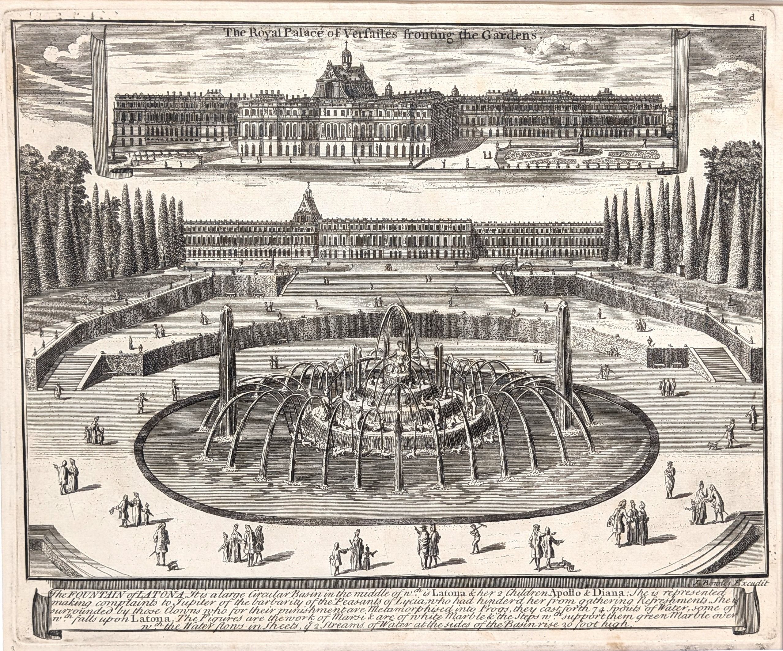 Versailles. The Fountain of Latona.  Original antique print by John Bowles, published in 1726. Fr...