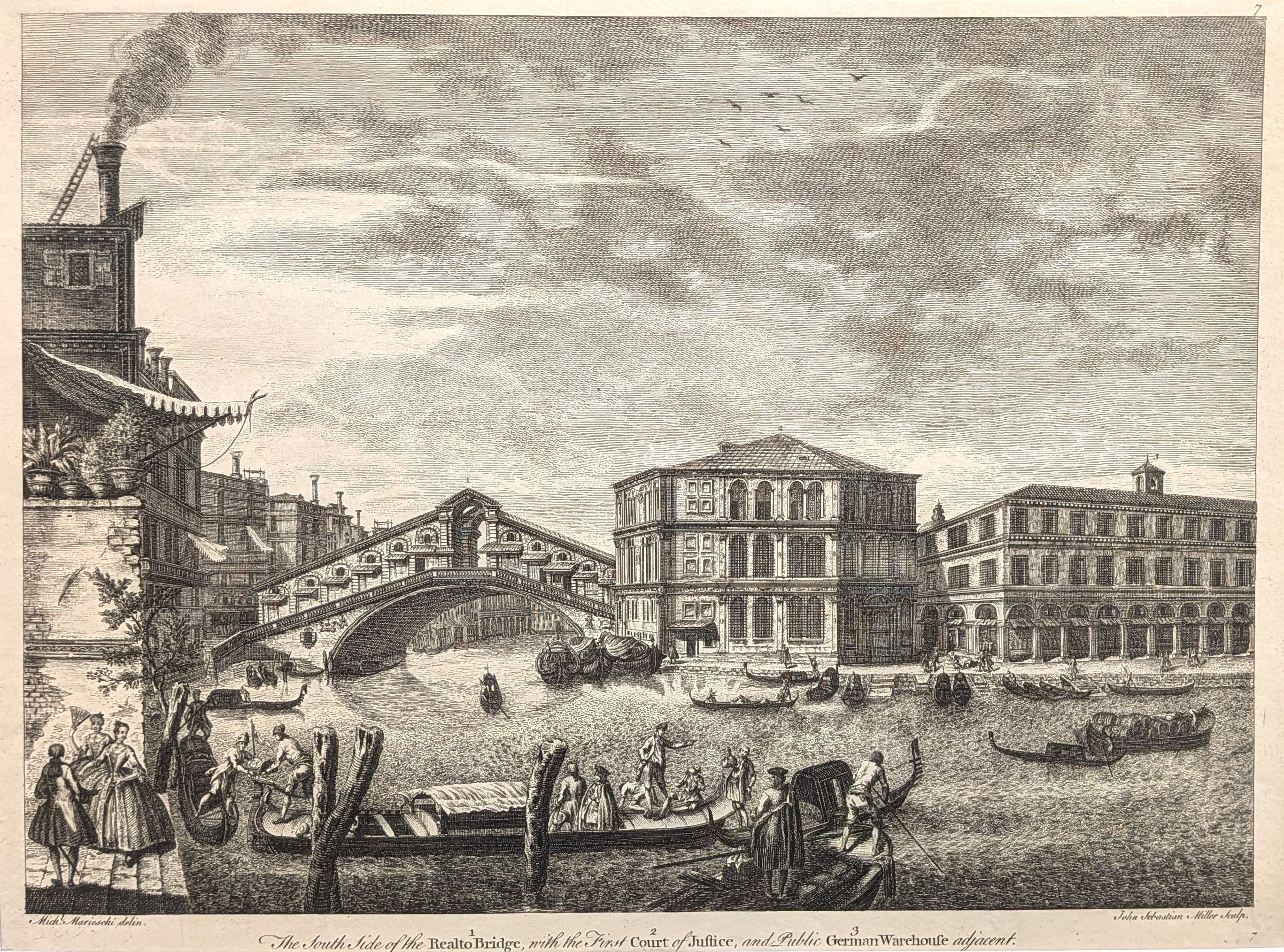 The South Side of the Rialto Bridge. Original antique engraving printed by Robert Wilkinson in 1794.