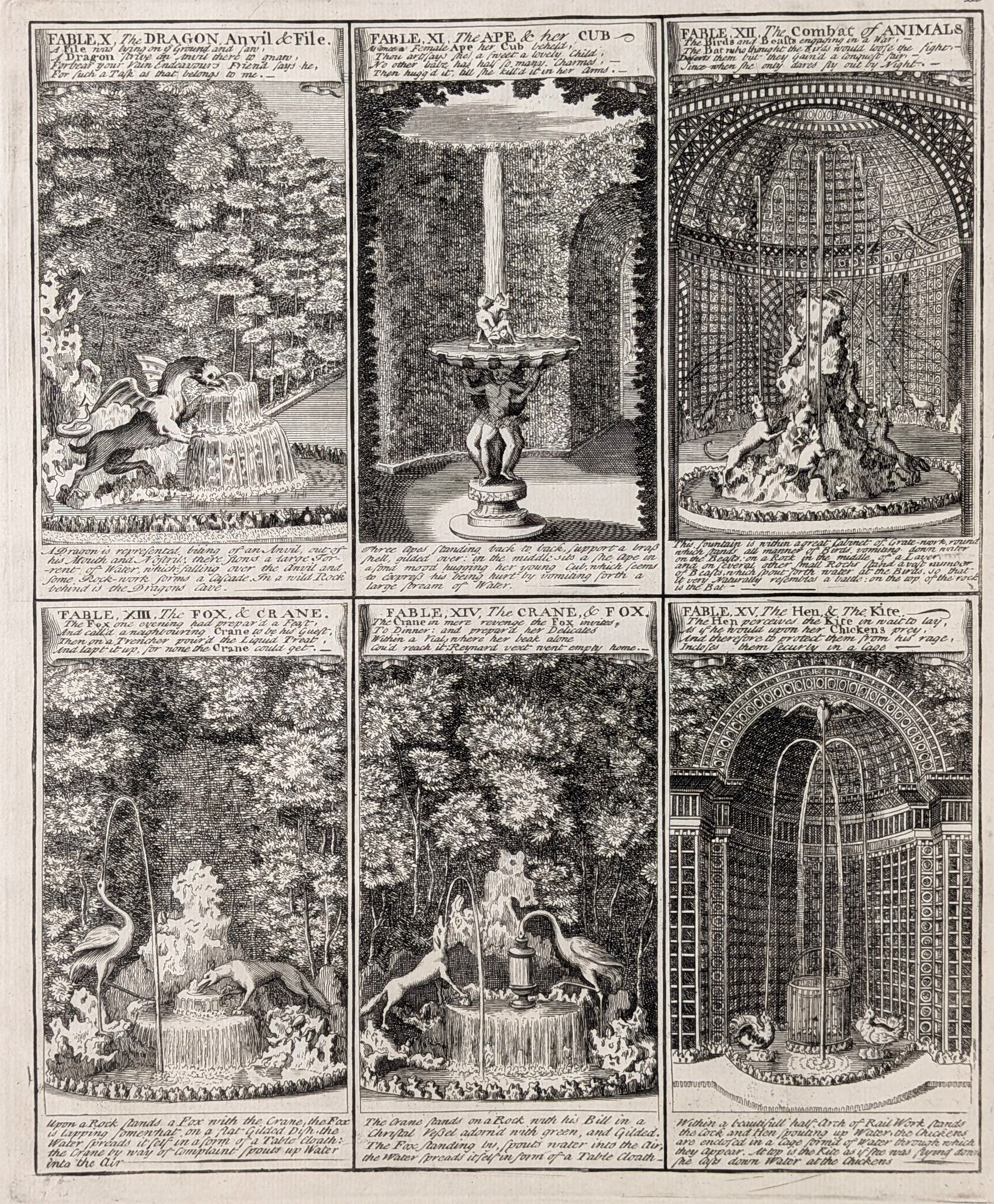 Versailles. Aesop's Fables 10 - 15. Original antique print by John Bowles, published in 1726. Fro...