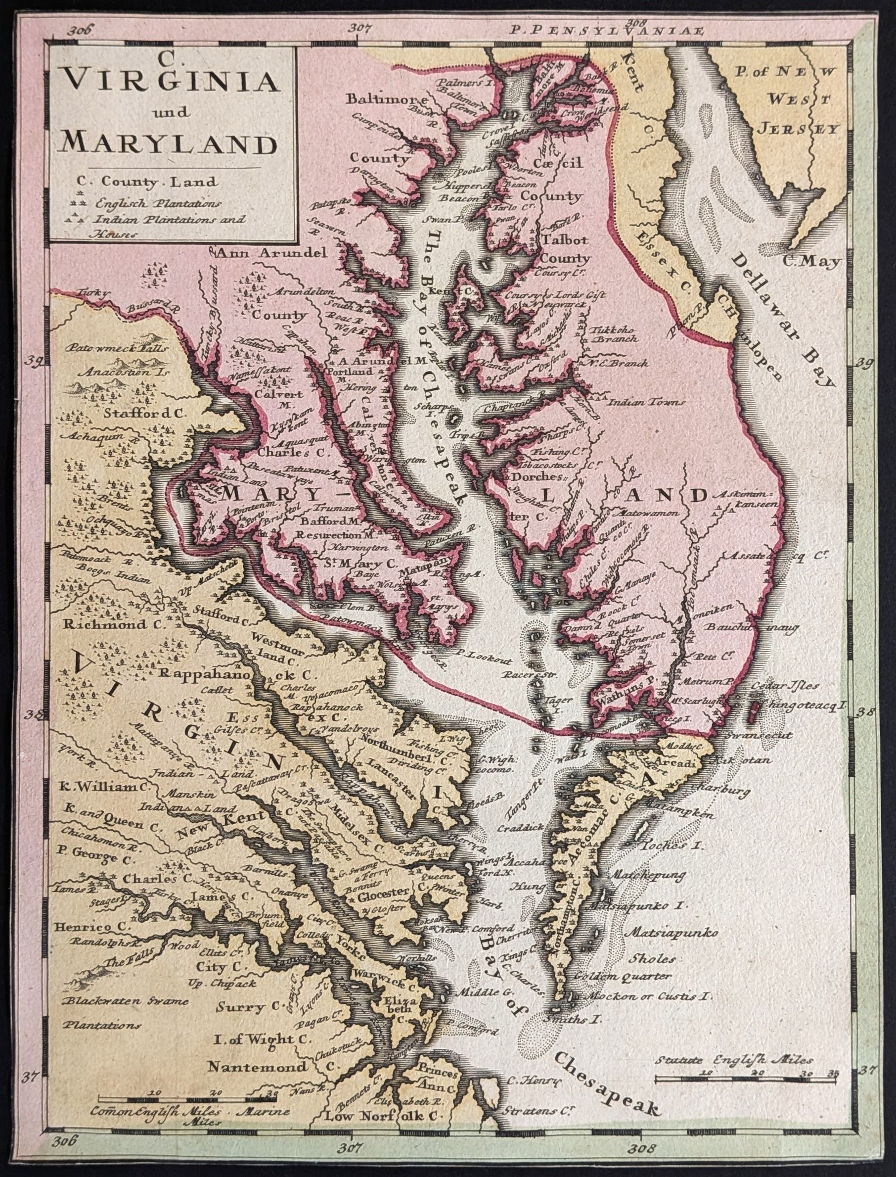 Virginia und Maryland.  Original antique map published in 1737 by Homann Heirs, copied from an ea...