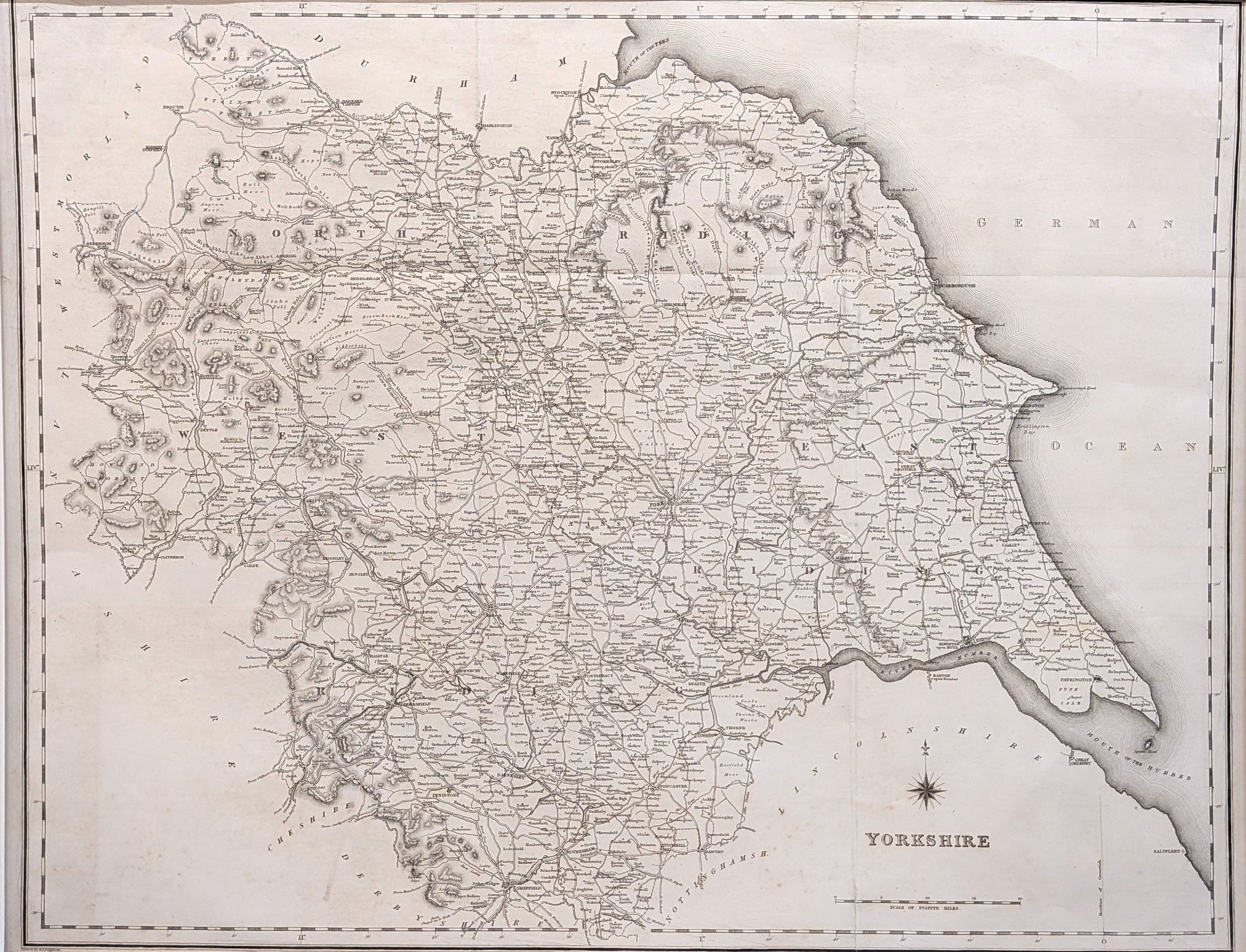 Yorkshire. Original antique map published in 1842. Drawn and engraved for Lewis's Topographical D...