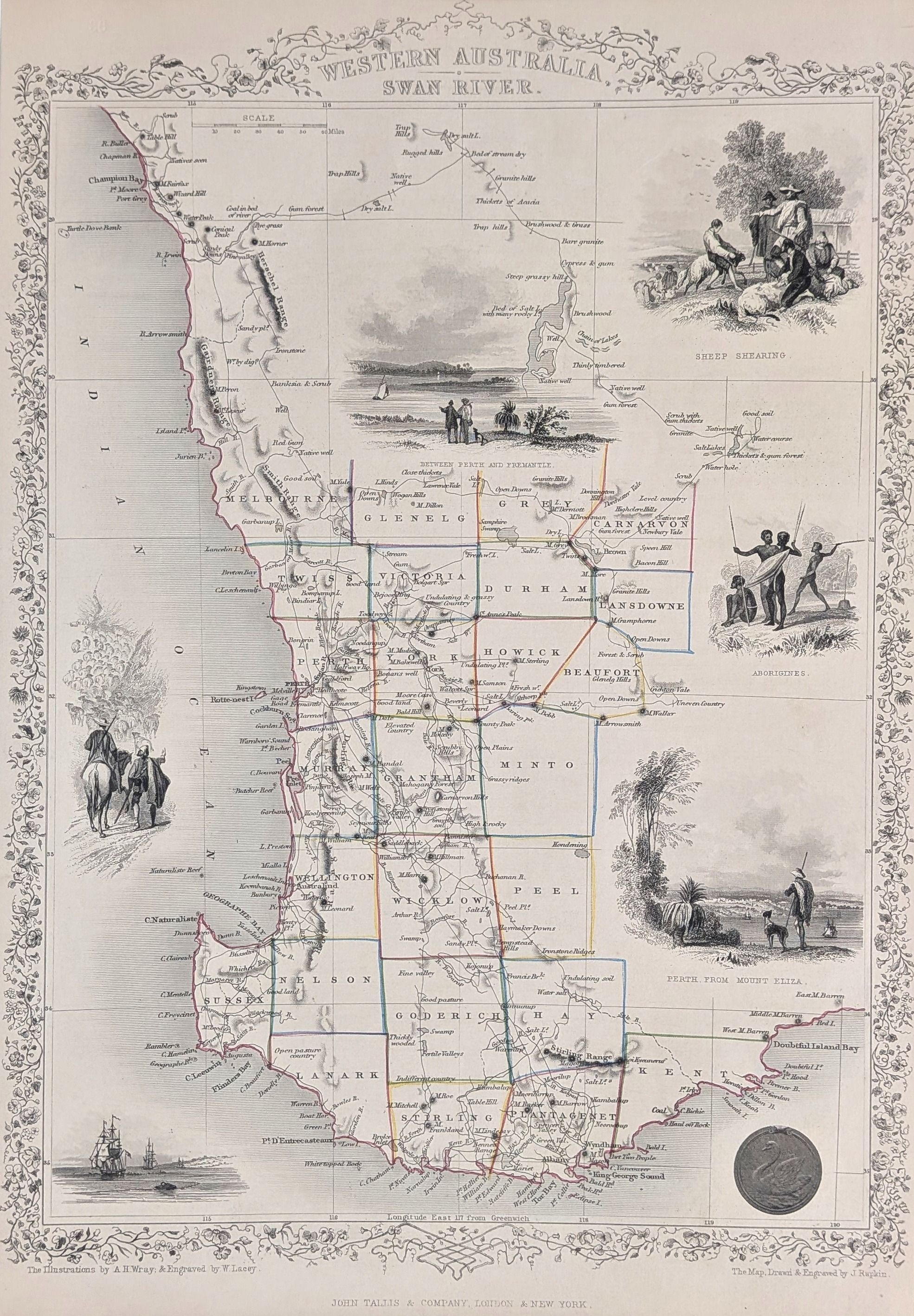 Western Australia, Swan River. Original antique map published in 1851 by Tallis. With original ha...