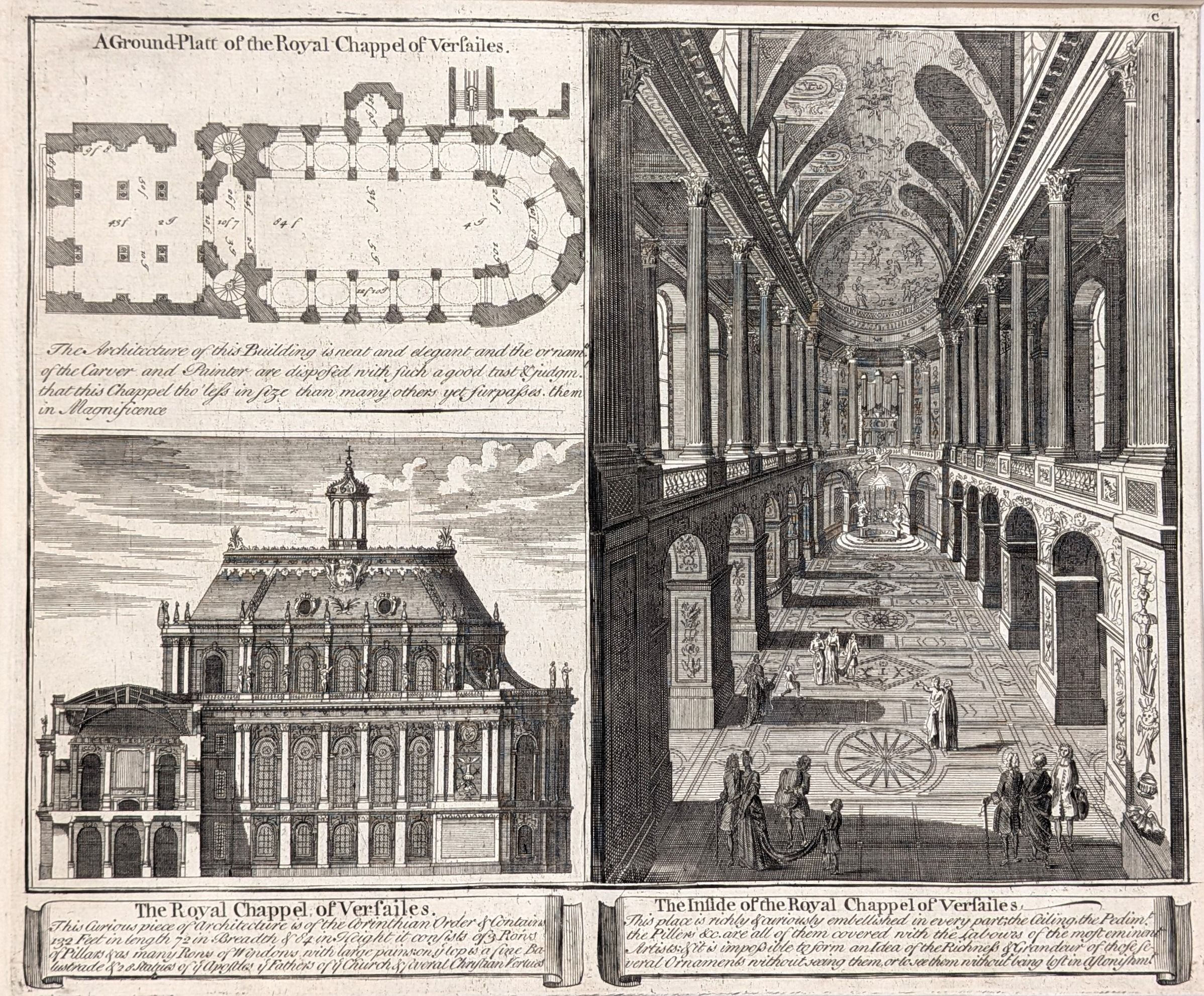 Versailles. The Royal Chappel of Versailes.  Original antique print by John Bowles, published in ...