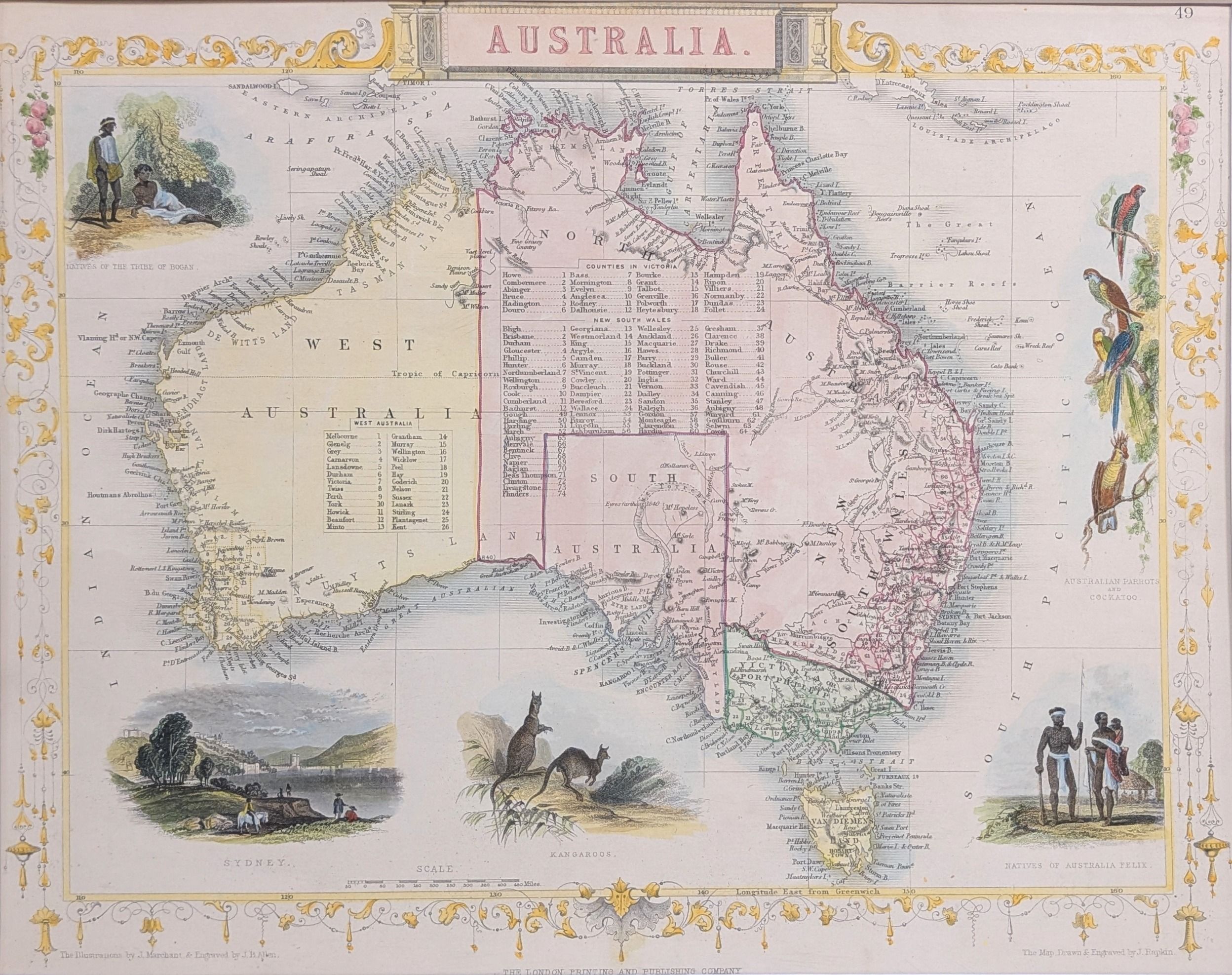 Australia. Original antique map published in 1851 by Tallis. Illustrations by Marchant and Allen....