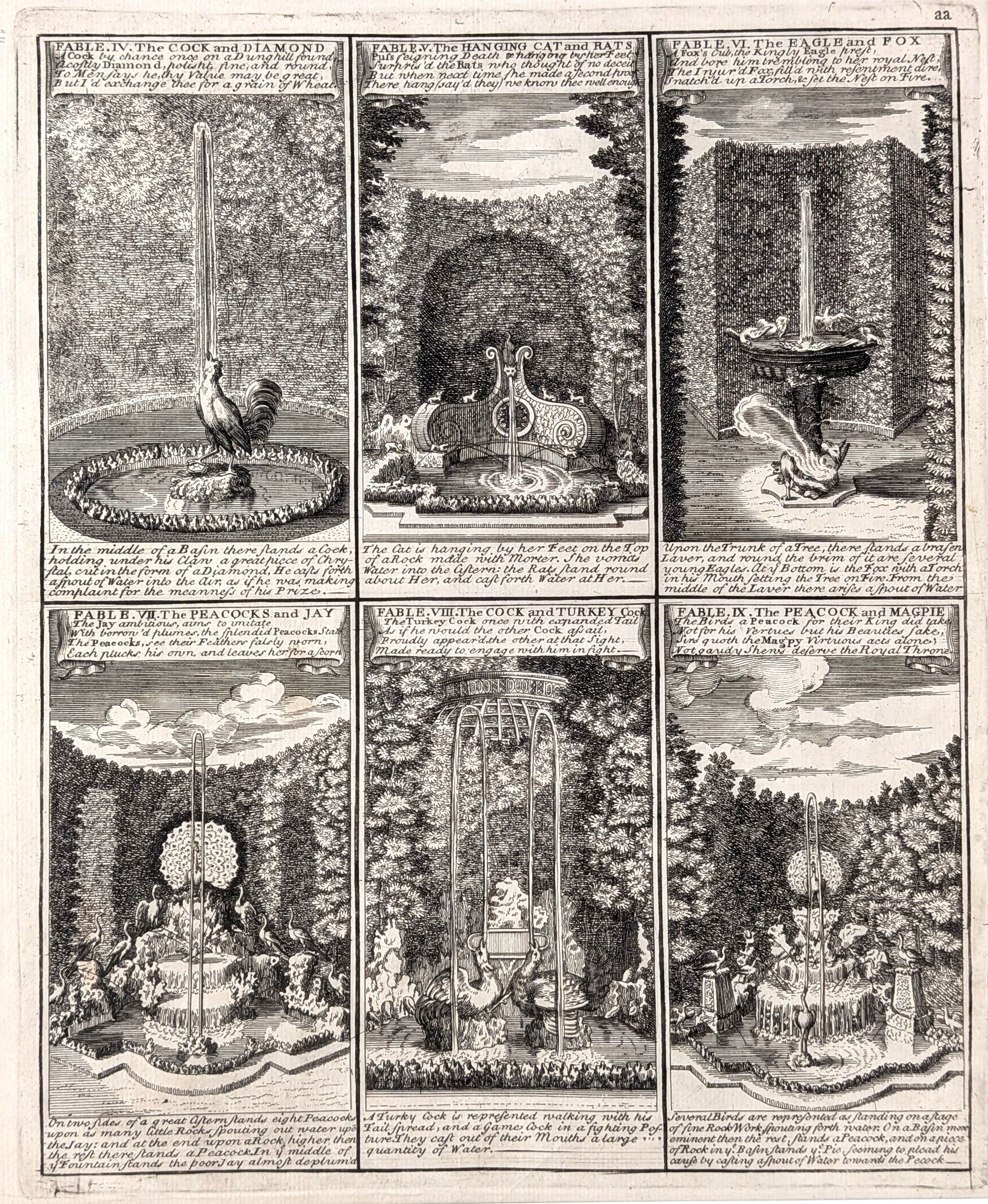 Versailles. Aesop's Fables 4 - 9. Original antique print by John Bowles, published in 1726. From ...