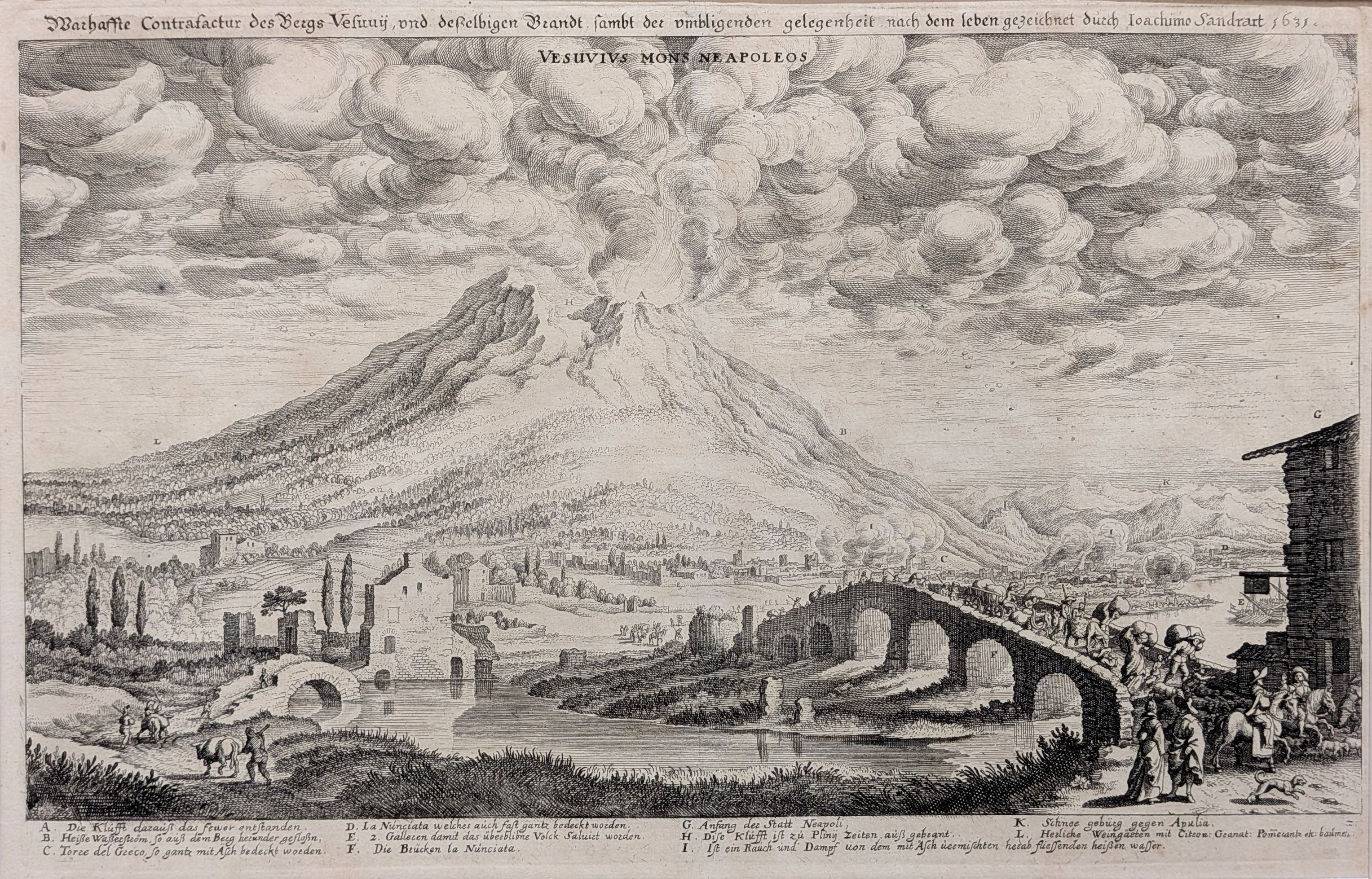 Vesuvius Nons Neapolis. Original antique engraving by Mathias Merian after the original drawing b...