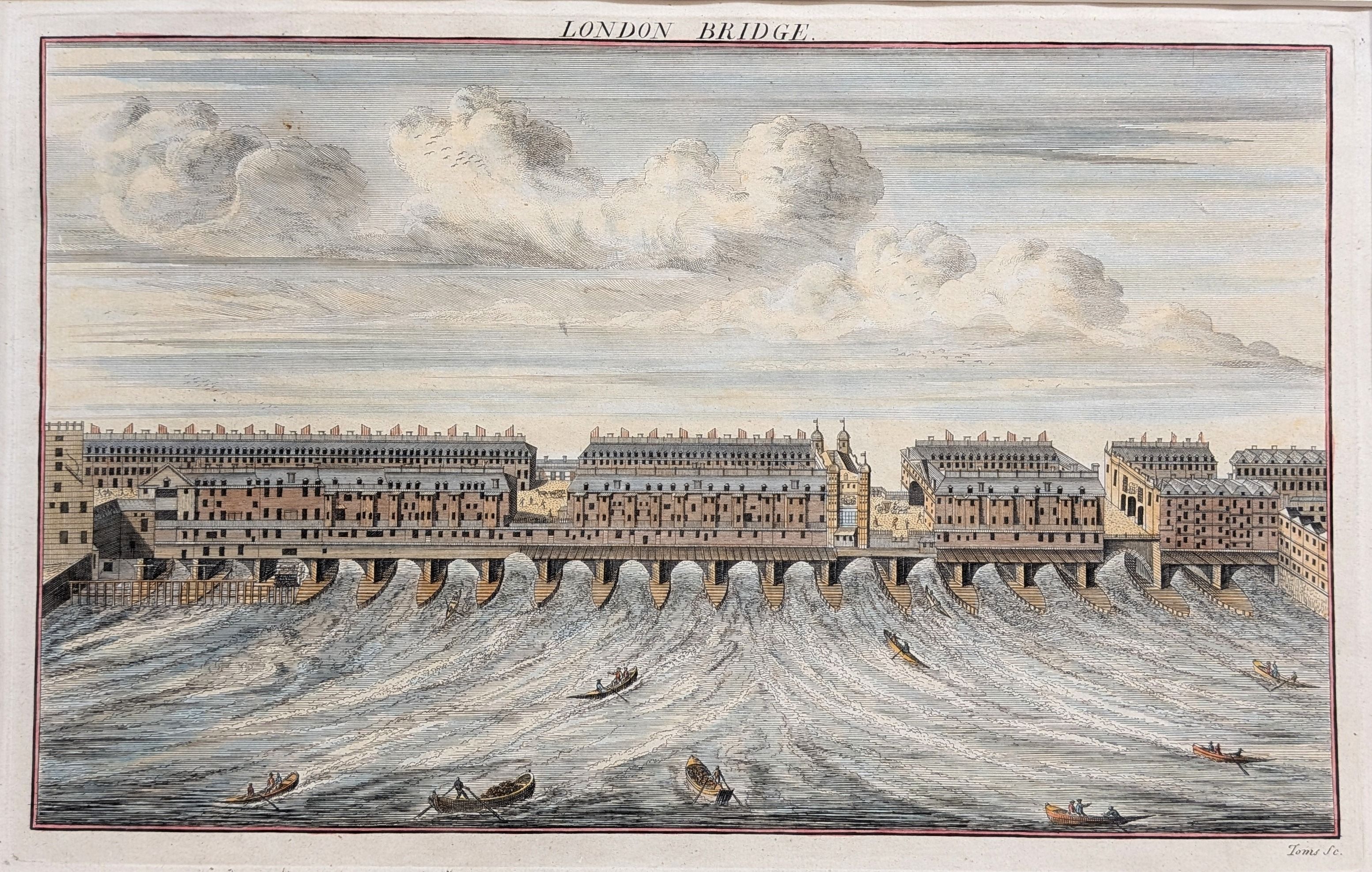 London Bridge. Original antique engraving published in 1755. From Maitland's 'Survey'.