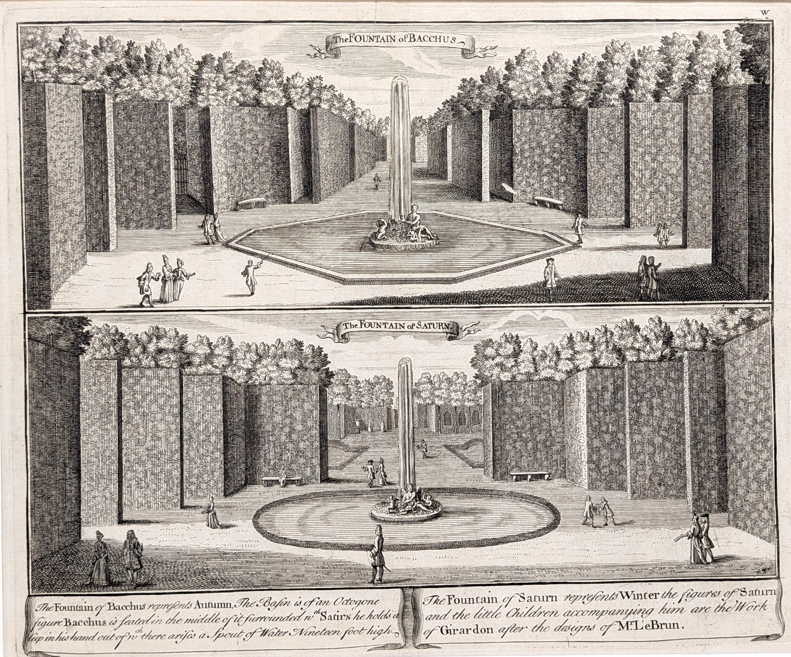 Versailles. The Fountain of Bacchus & The Fountain of Saturn.  Original antique print by John Bow...