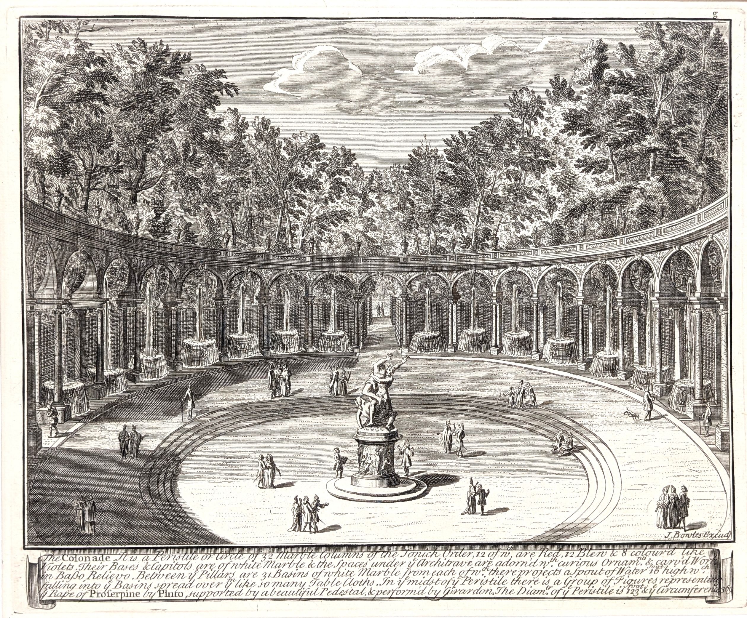 Versailles. The Colonade. Original antique print by John Bowles, published in 1726. From his foli...