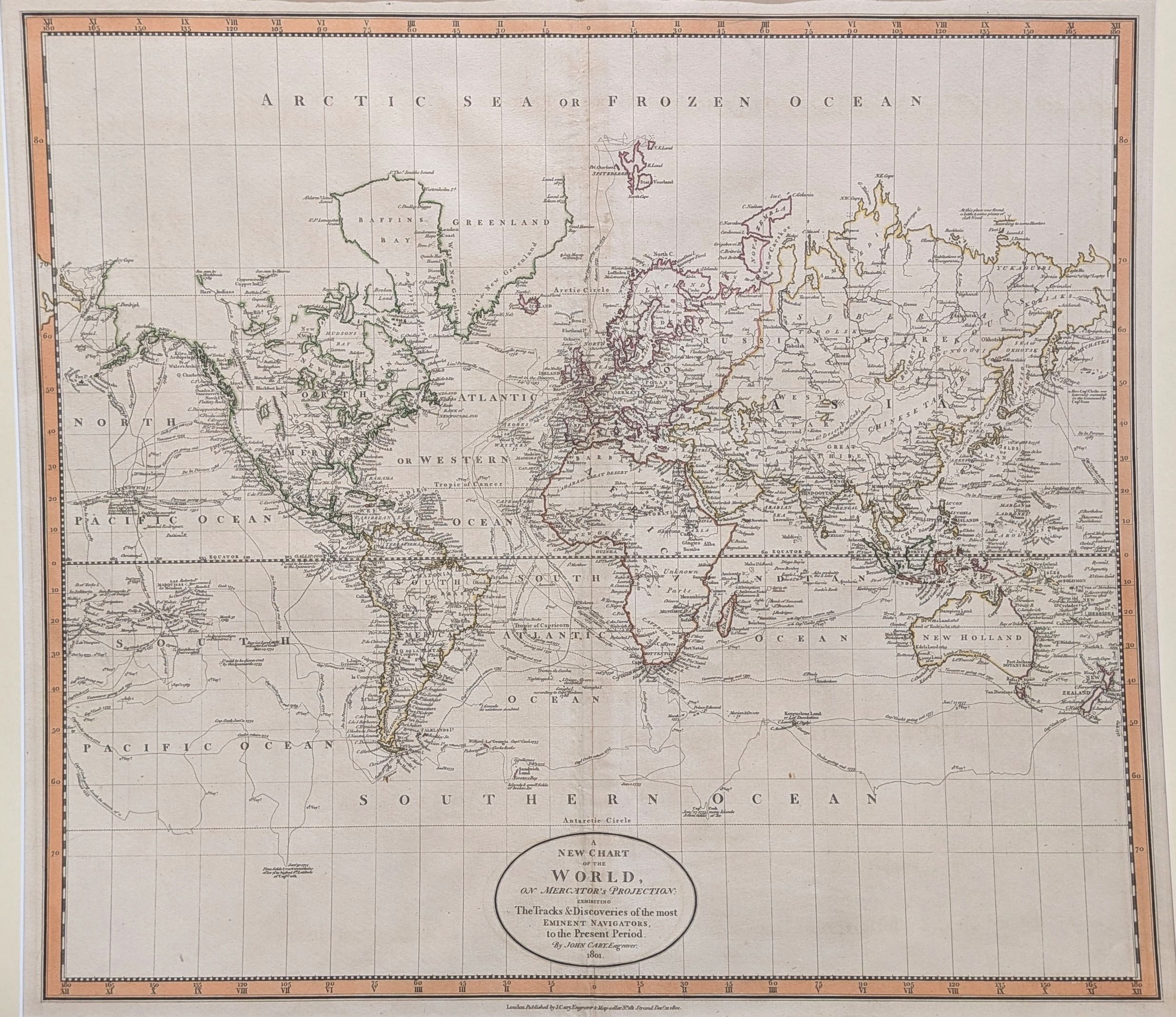 A New Map of the World on Mercator's Projection. Original antique map by John Cary. Originally pu...