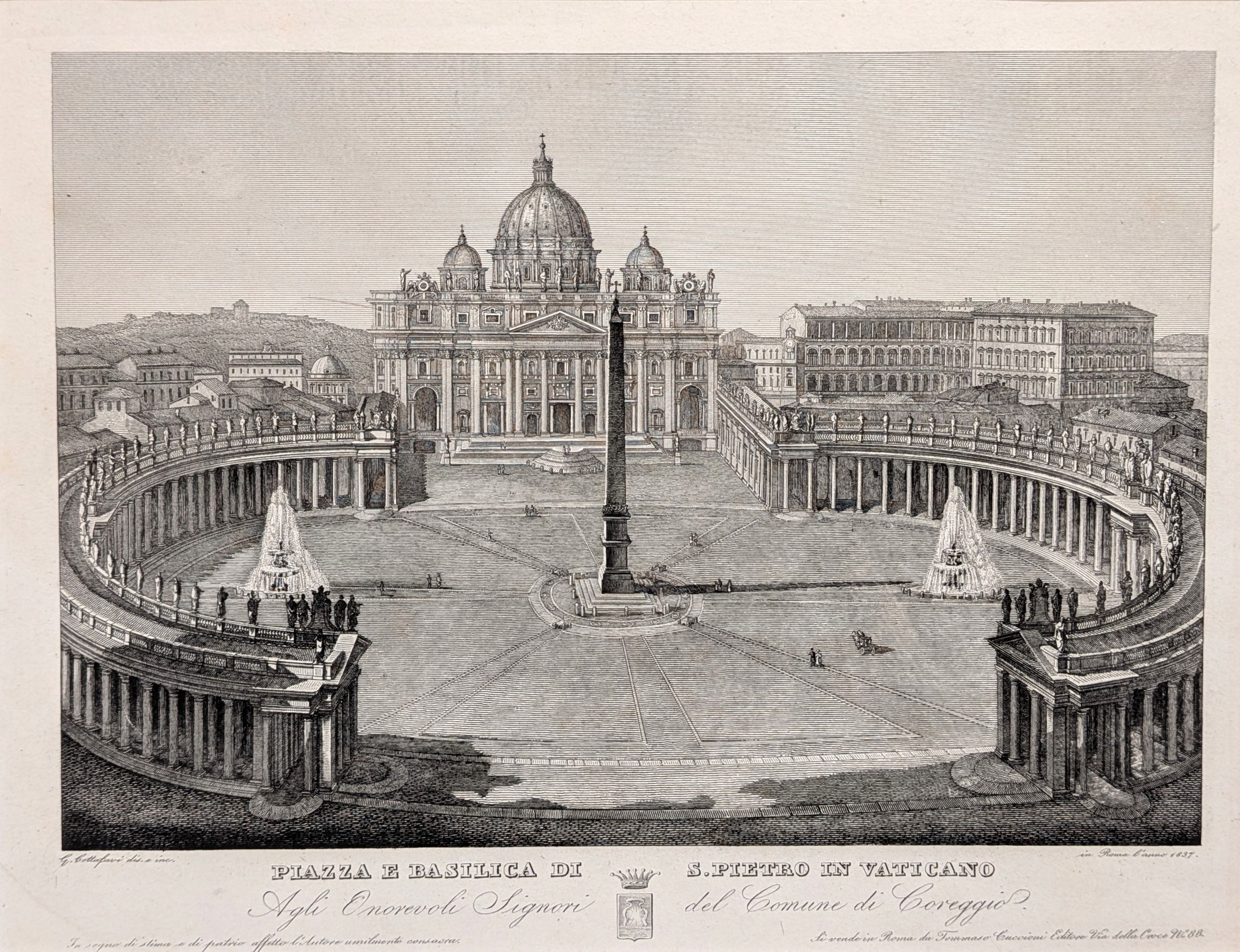 Piazza E Basillica Di S. Pietro In Vaticano. Original antique engraving by Gaetano Cottafavi. Pub...