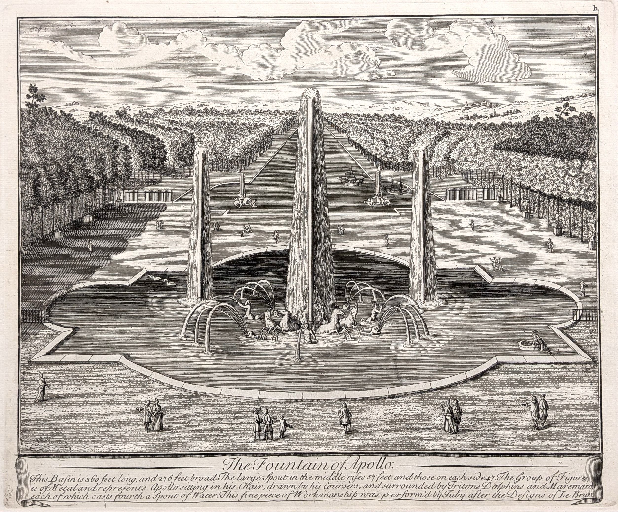 Versailles. The Fountain of Apollo.  Original antique print by John Bowles, published in 1726. Fr...