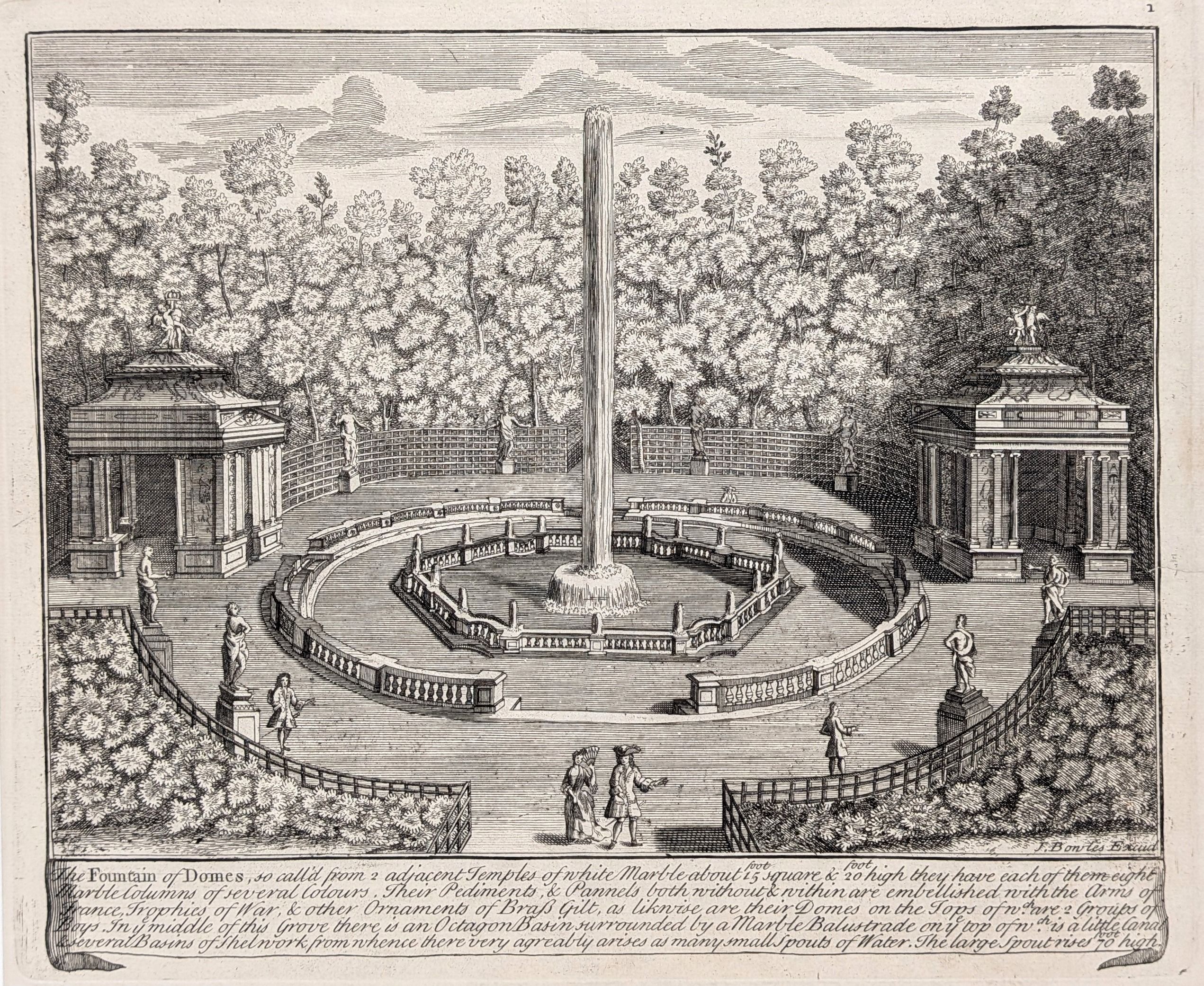 Versailles. The Fountain of Domes.  Original antique print by John Bowles, published in 1726. Fro...