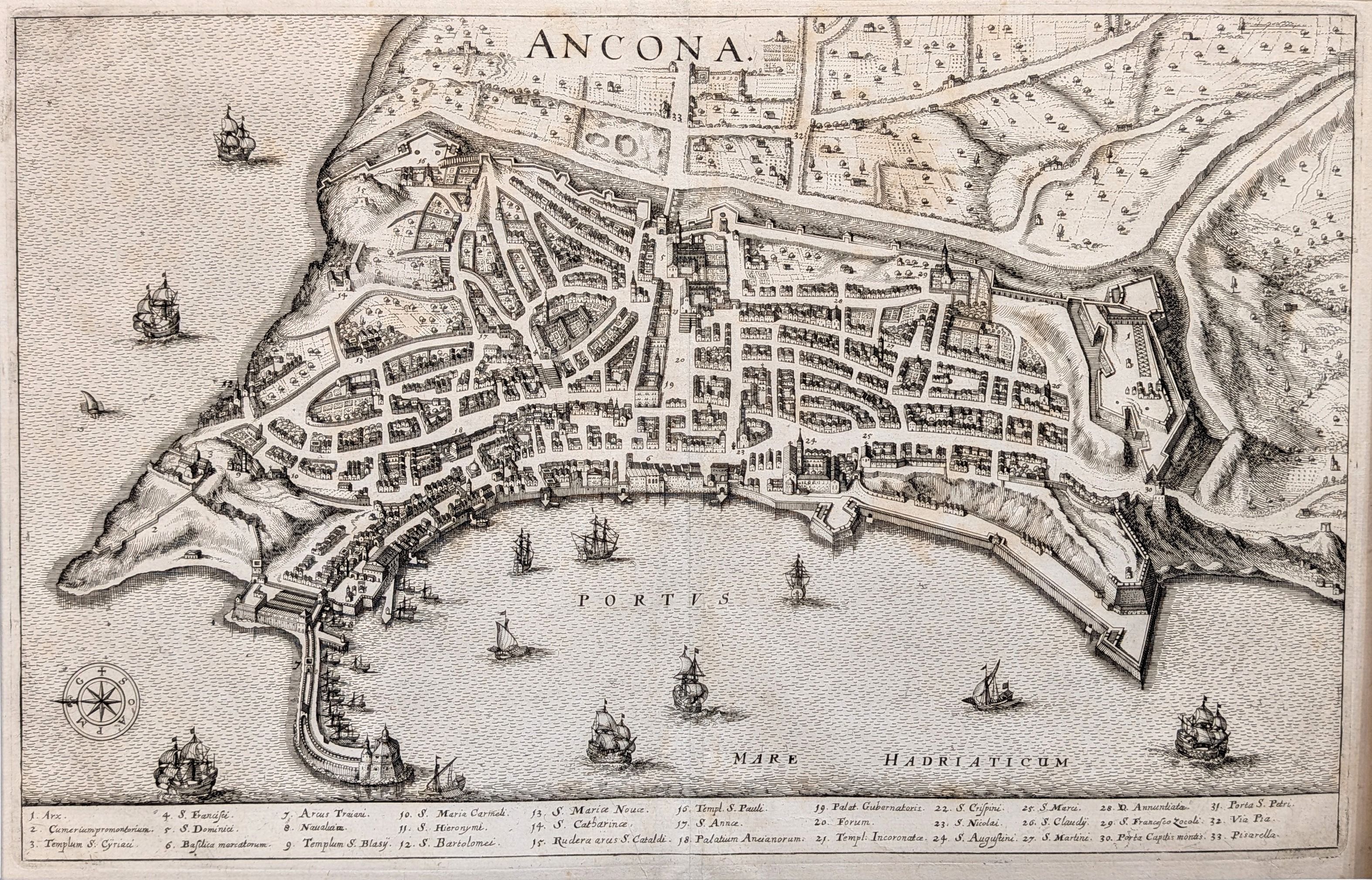 Ancona. Bird's eye view of Ancona by Matthia Merian. Engraved and published in Frankfurt for Mart...