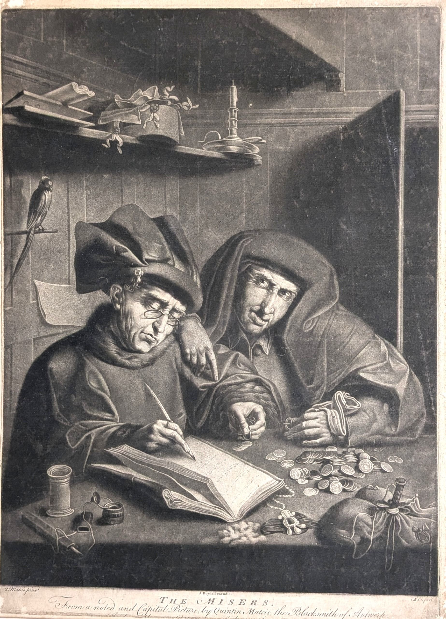 The Misers. An original antique mezzotint by John Boydell. Published around 1770. After the origi...