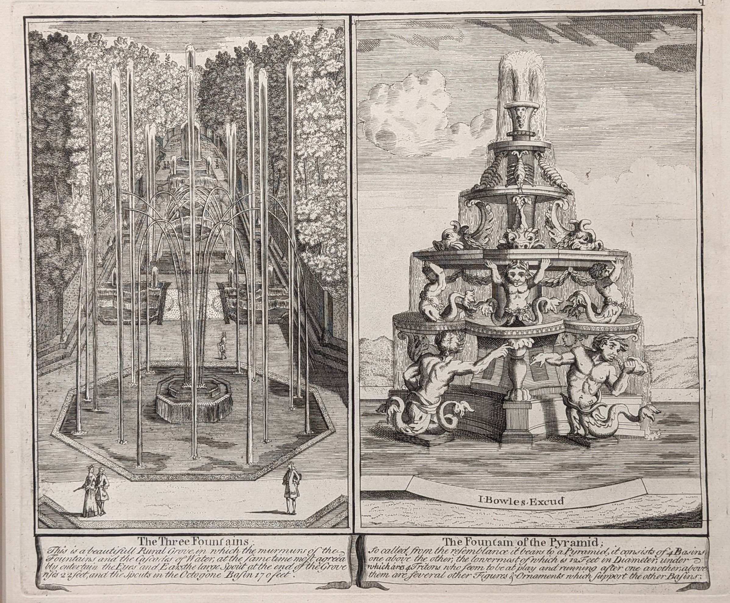 Versailles. The Three Fountains & The Fountain of the Pyramid.  Original antique print by John Bo...