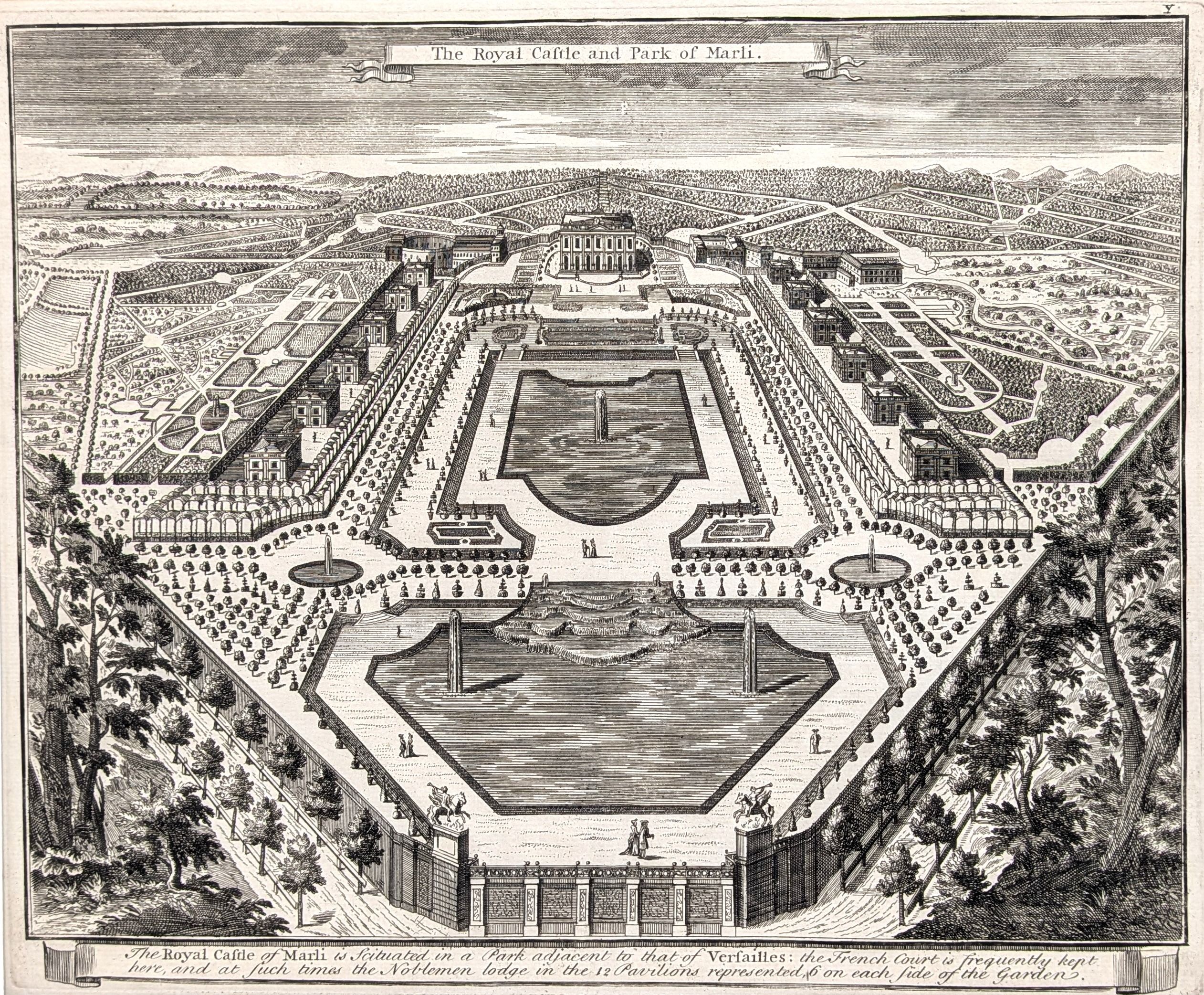 Versailles. The Royal Castle of Marli.  Original antique print by John Bowles, published in 1726....