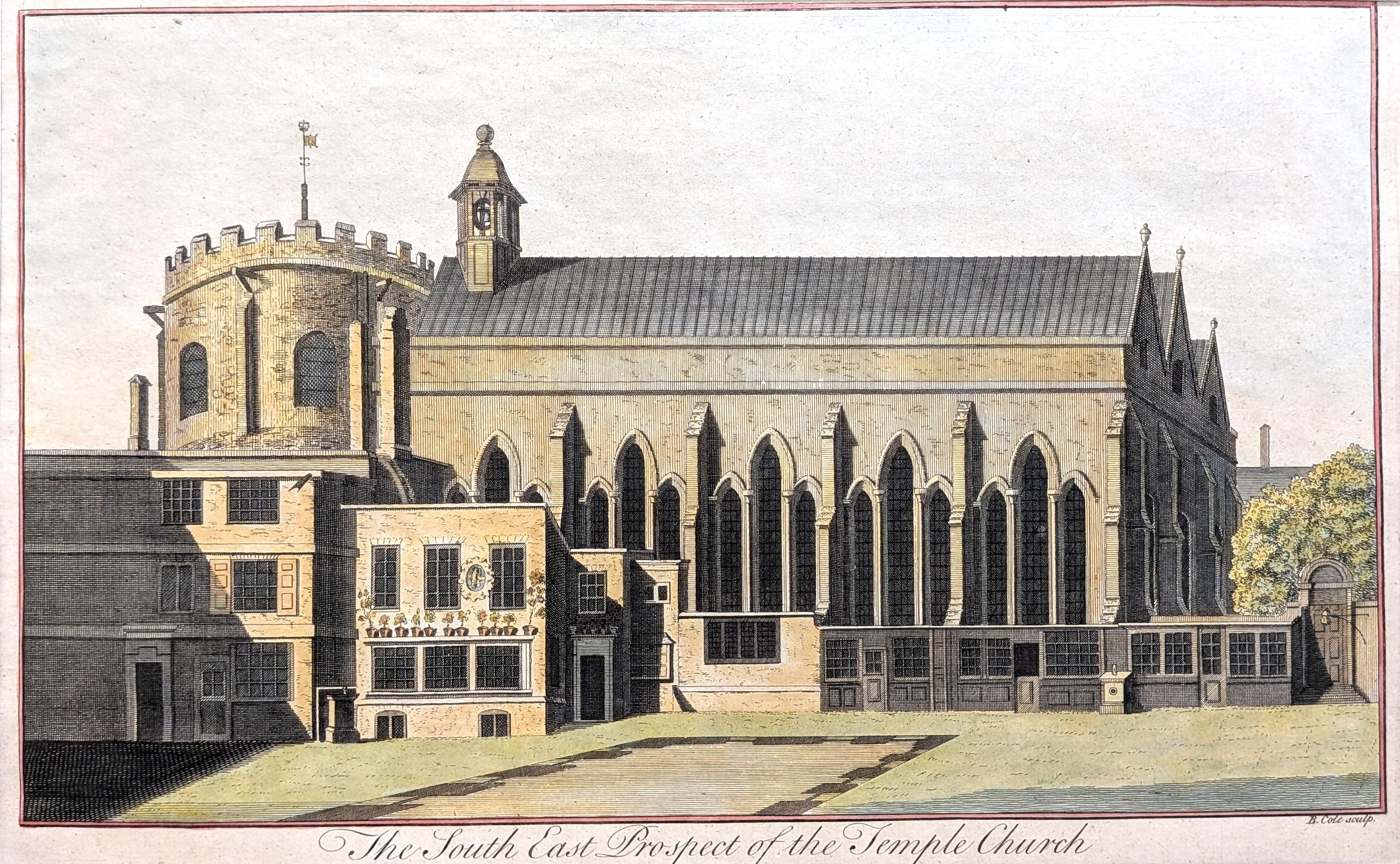 The South East Prospect of the Temple Church. Original copper engraving published by Maitland in ...