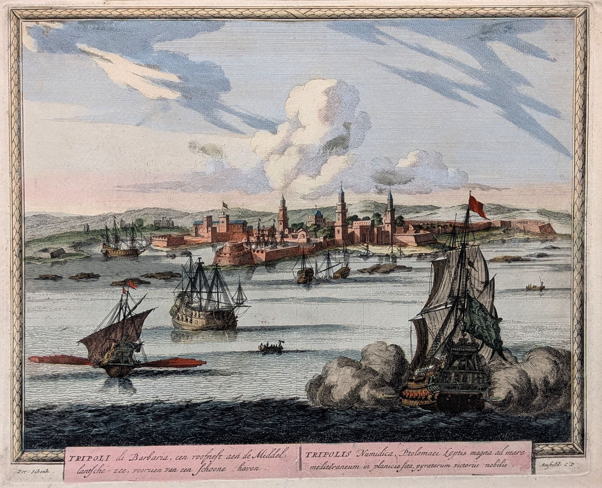 Tripoli. Original antique engraving by Pieter Schenk published by him in 1702 in his 