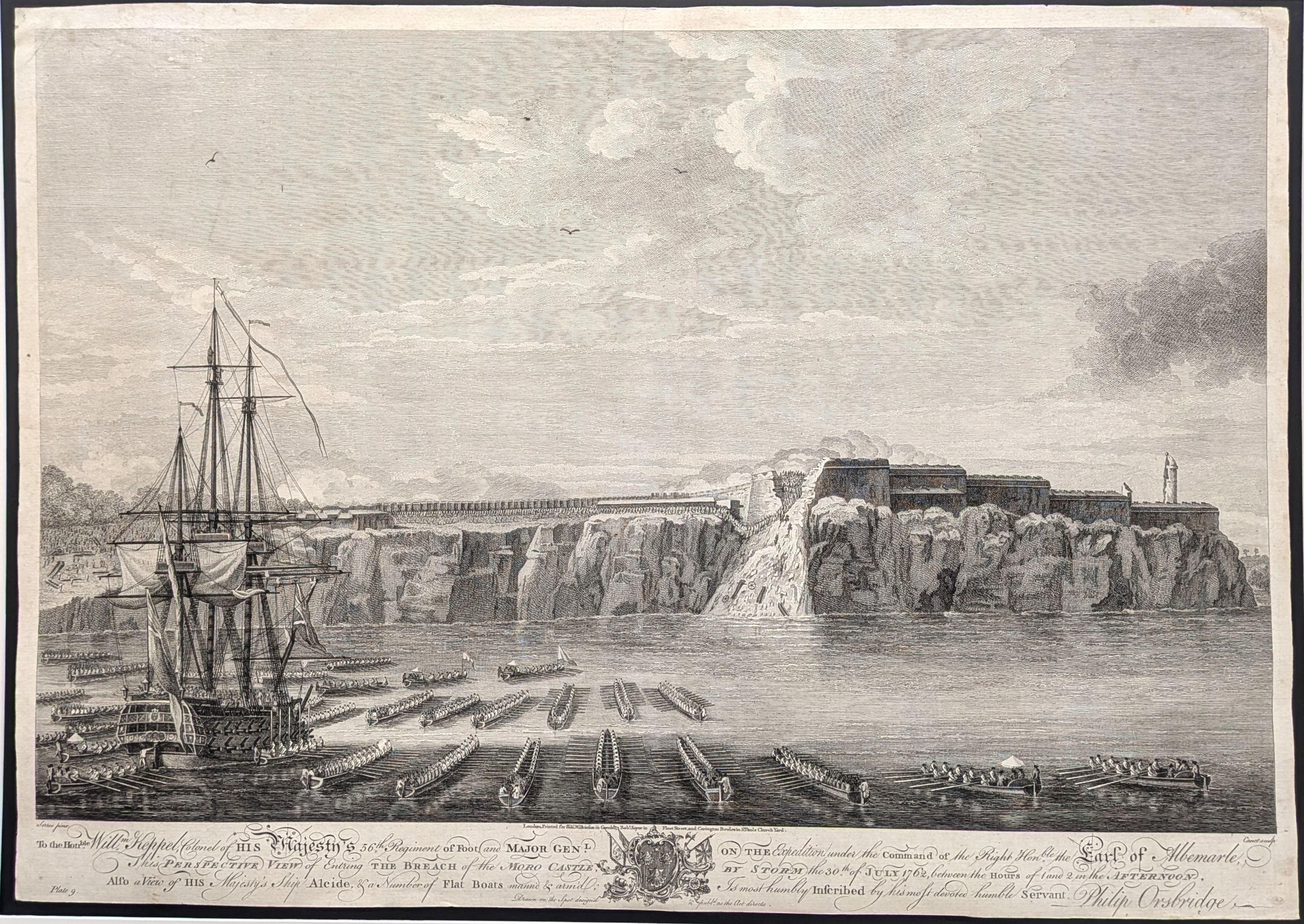 Perspective view of entring the breach of the Moro Castle, by storm the 30th of July 1762, ... Pu...