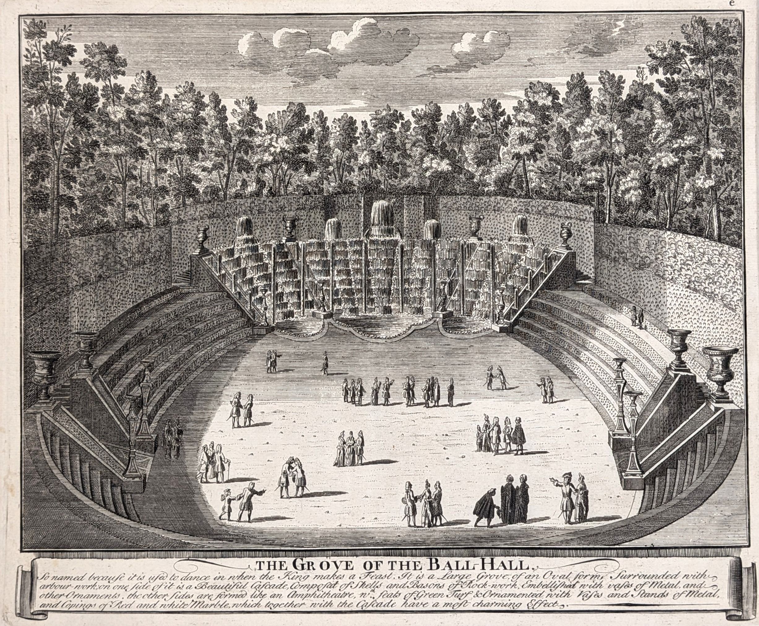 Versailles. The Grove of the Ball Hall.  Original antique print by John Bowles, published in 1726...