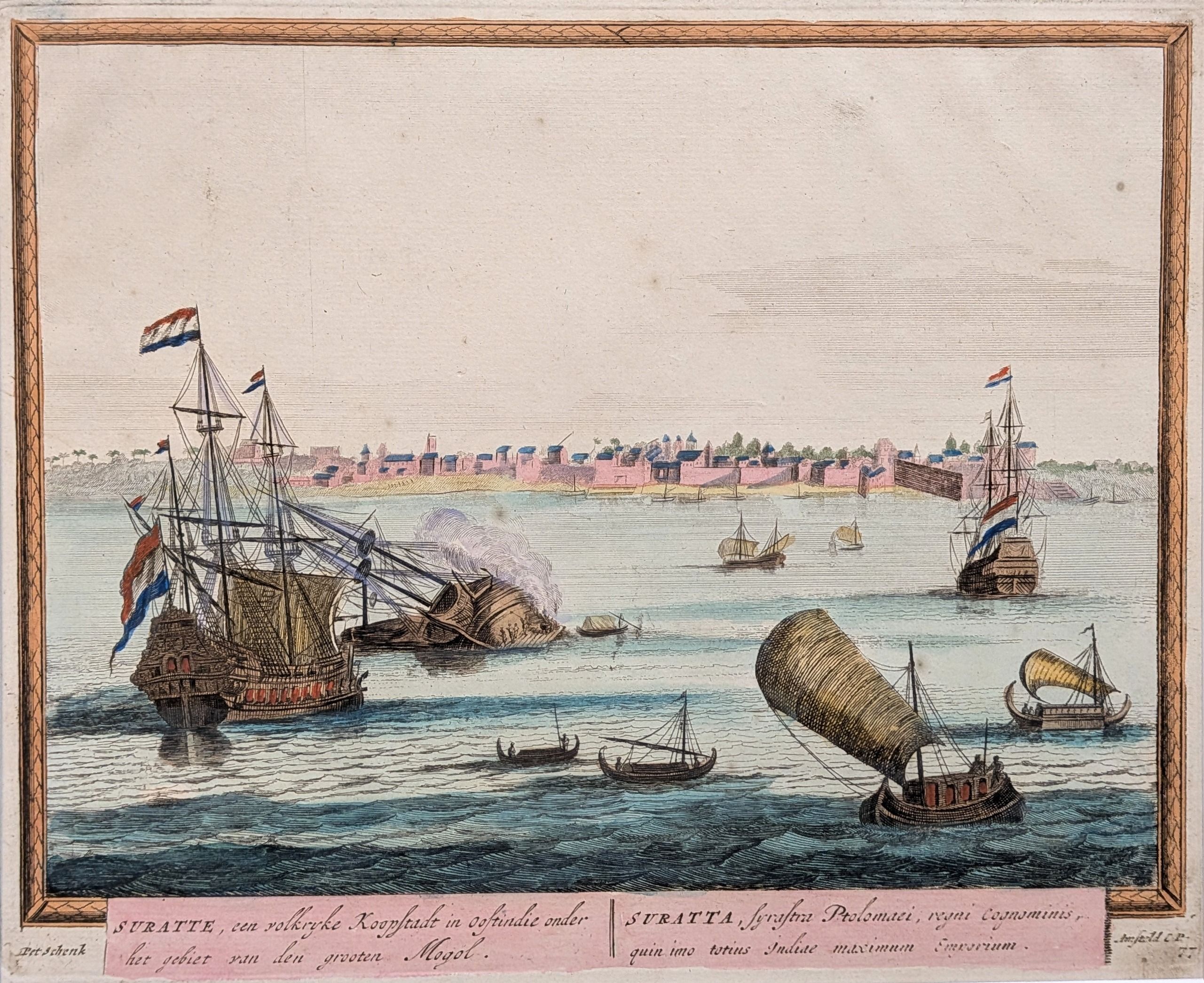 Suratte. Original antique engraving by Pieter Schenk published by him in 1702 in his 