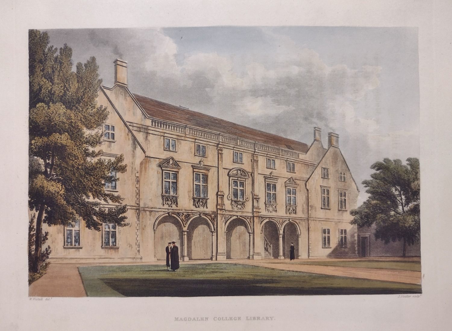 Magdelan College, Cambridge. Original hand coloured aquatint engraving. Published by Rudolph Acke...