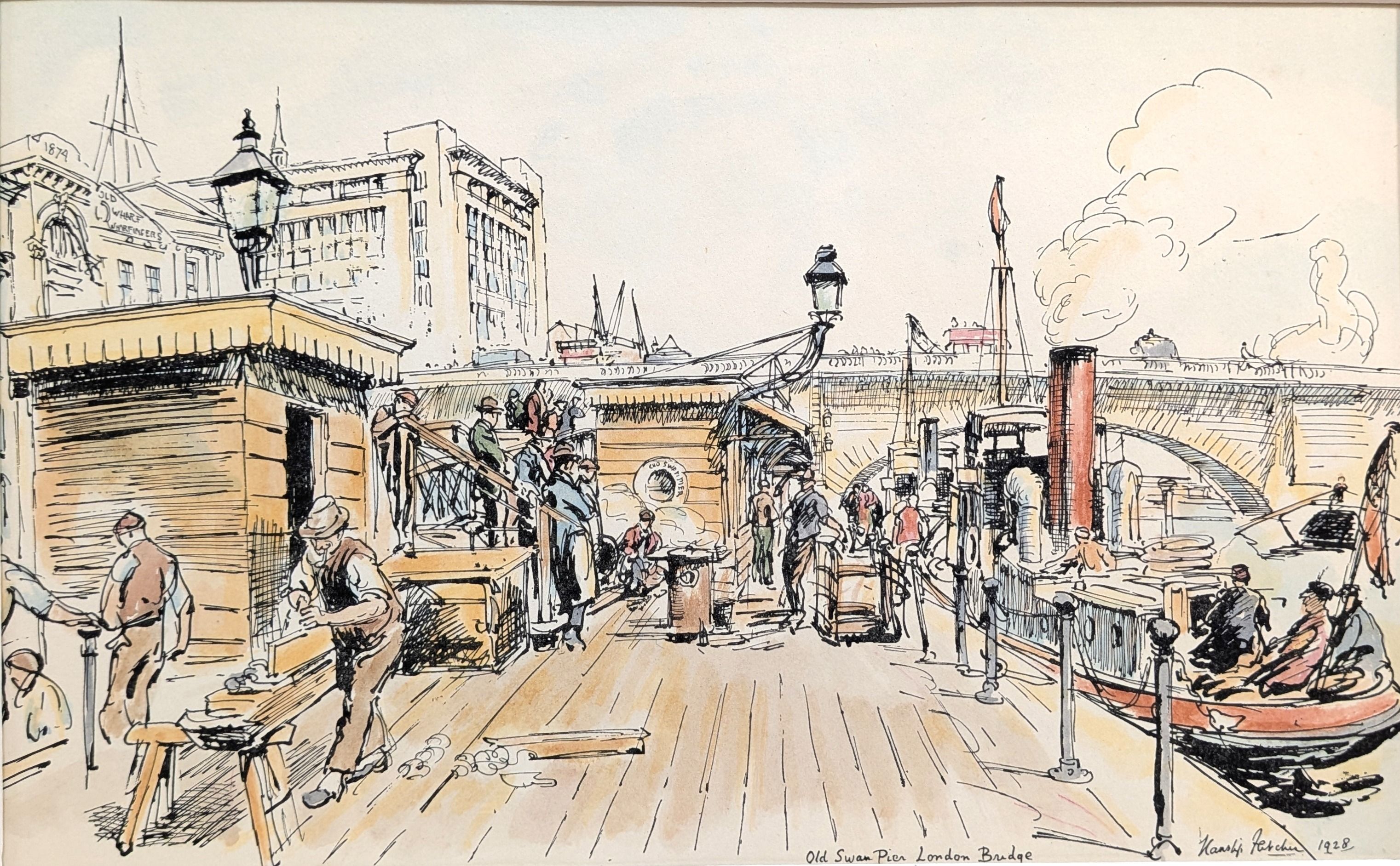 London. Old Swan Pier, London Bridge. Hanslip Fletcher. First edition print published in 1925, wi...