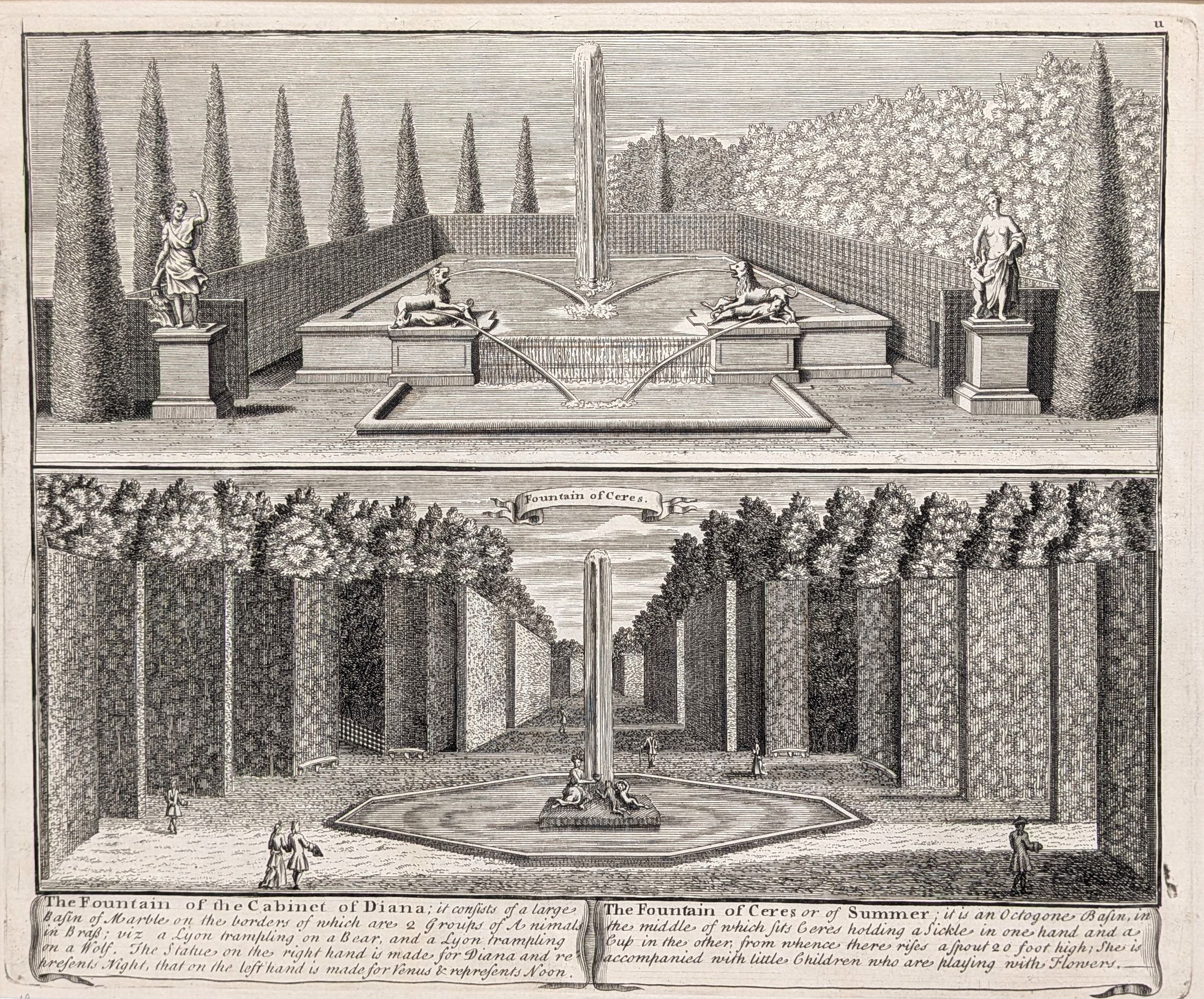 Versailles. The Fountain of the Cabinet of Diana & The Fountain of Ceres.  Original antique print...