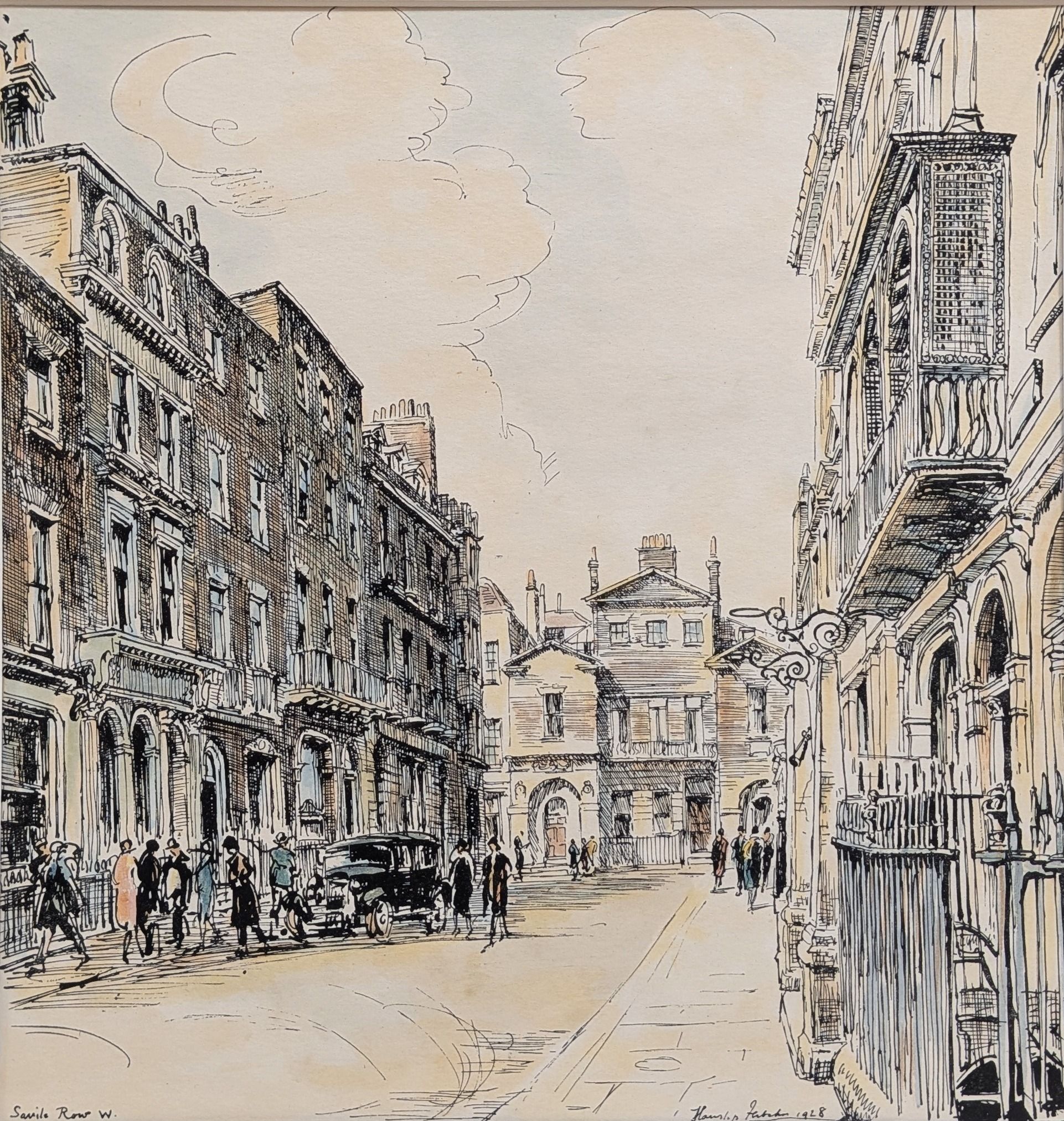 London. Savile Row. Hanslip Fletcher. First edition print published in 1925, with later hand colo...