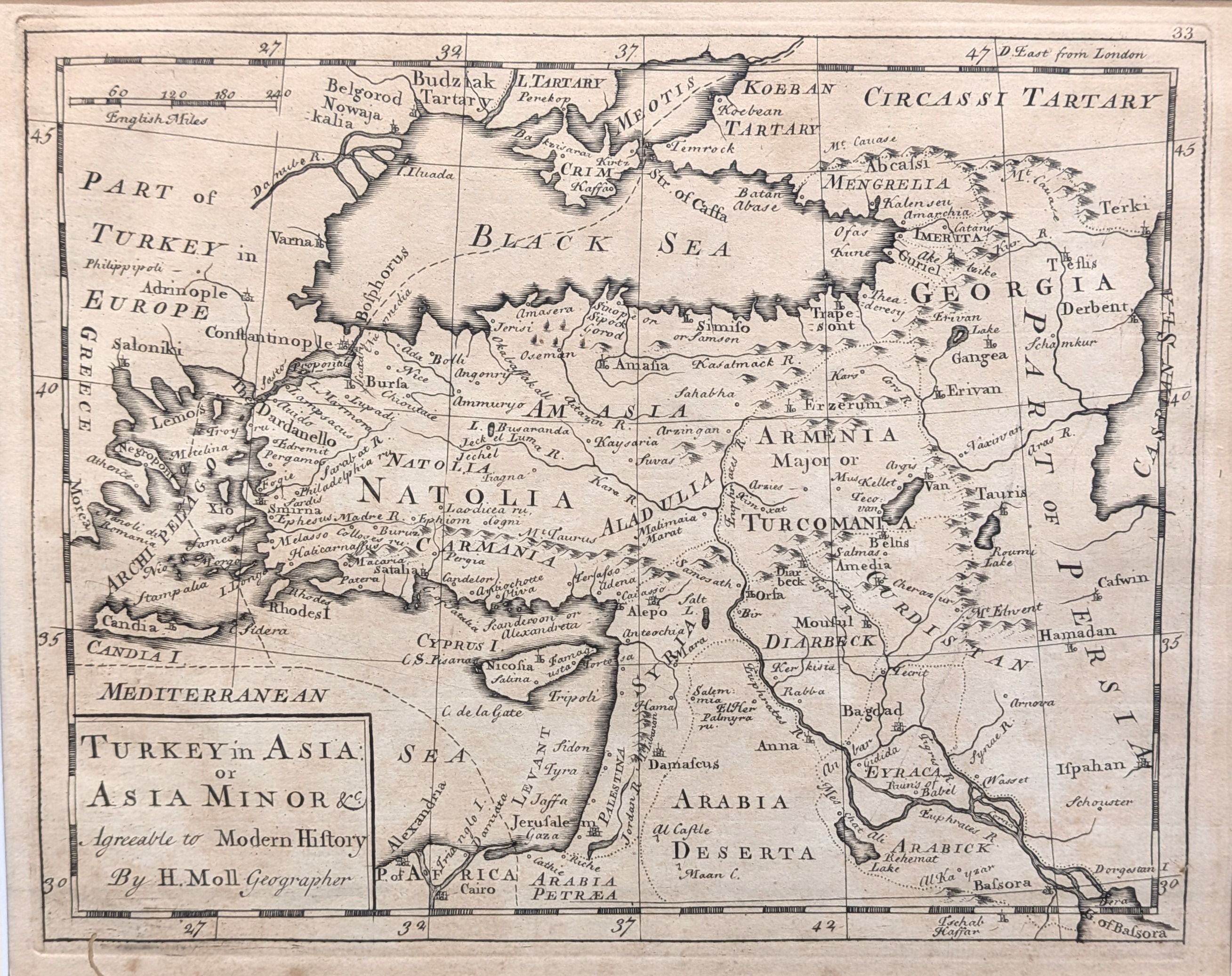 Turkey in Asia. Original antique map by Herman Moll. Published in Salmon's 'History' in 1739.