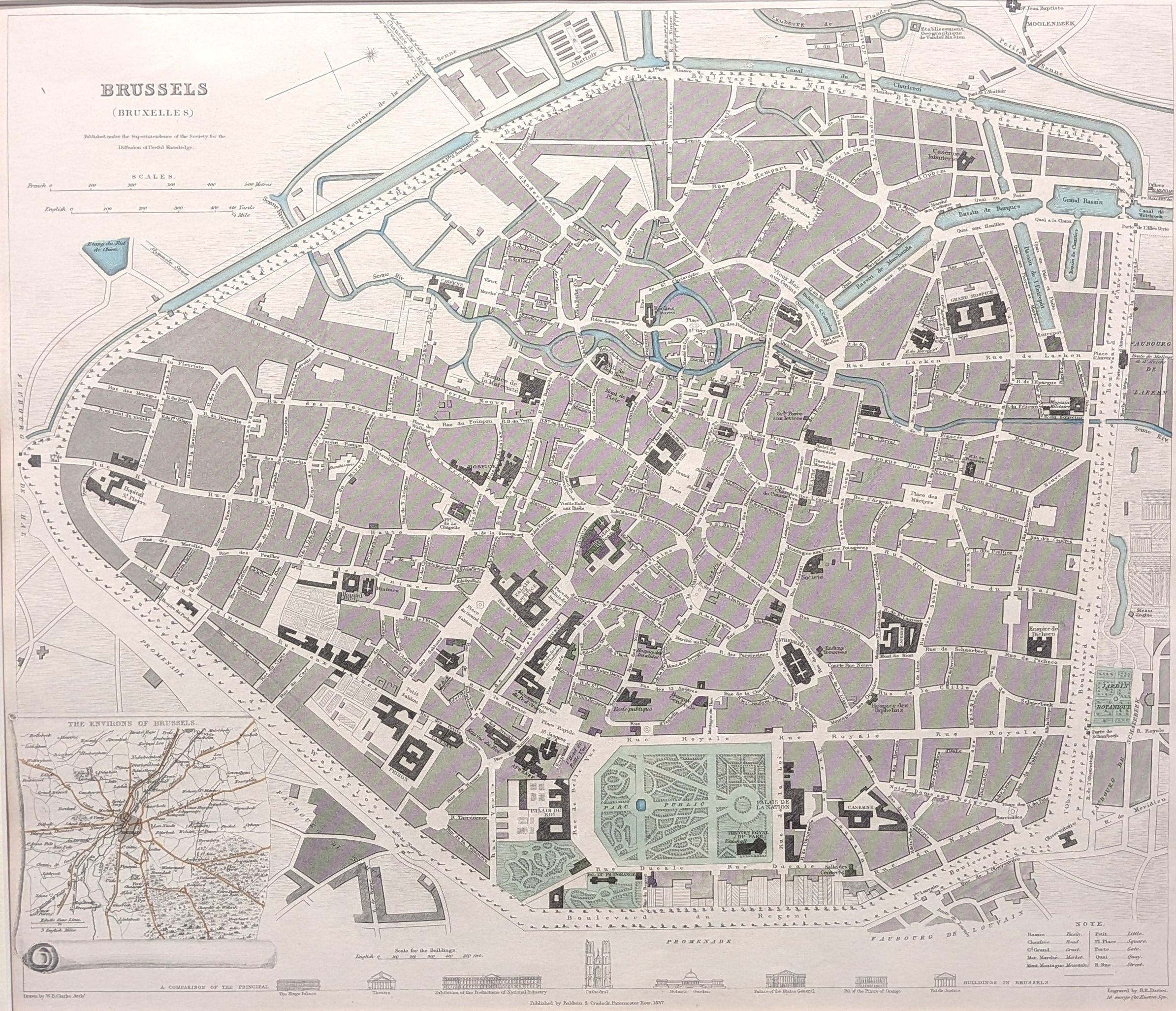 Brussels (Bruxelles). Original antique city map published in 1837 by Baldwin and Craddock under t...