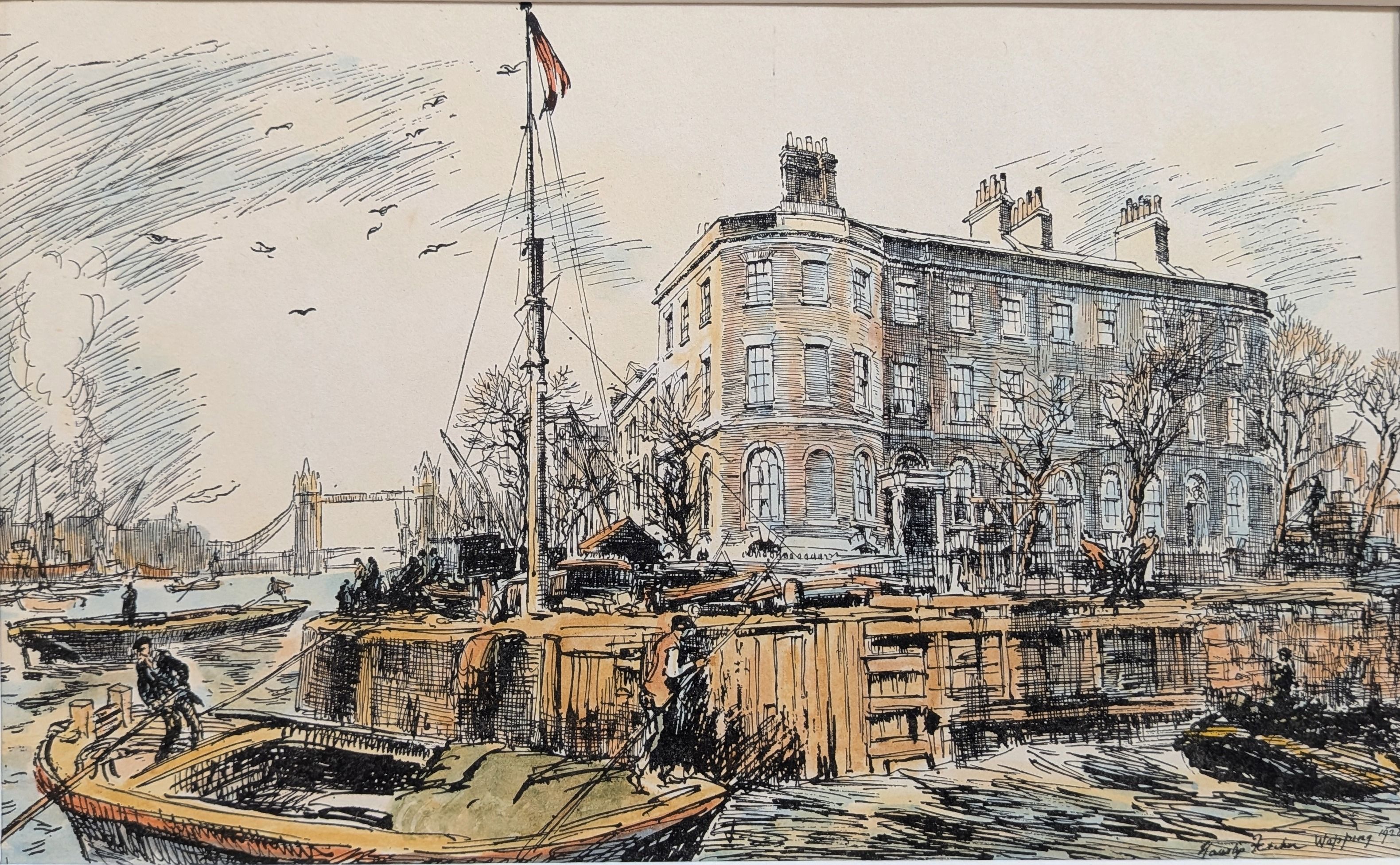 London. Wapping Pierhead. Hanslip Fletcher. First edition print published in 1925, with later han...