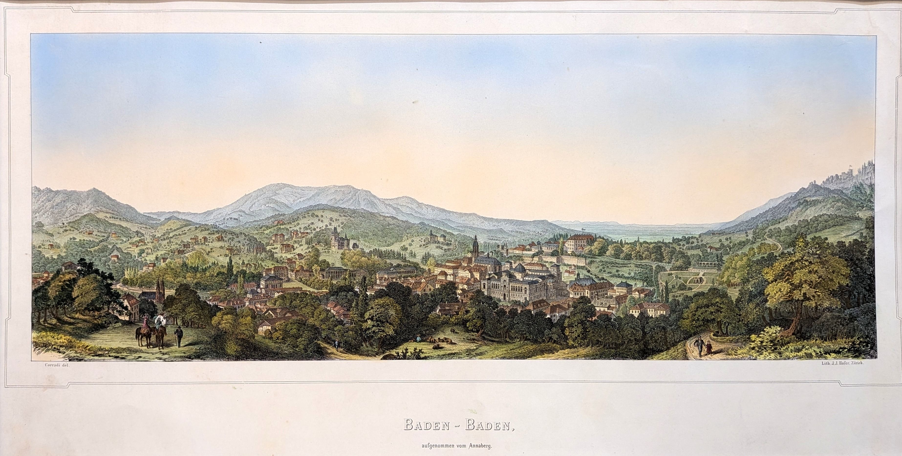 Baden-Baden. Large panoramic view of the city by Hofer, Zurich after the original drawing by Corr...