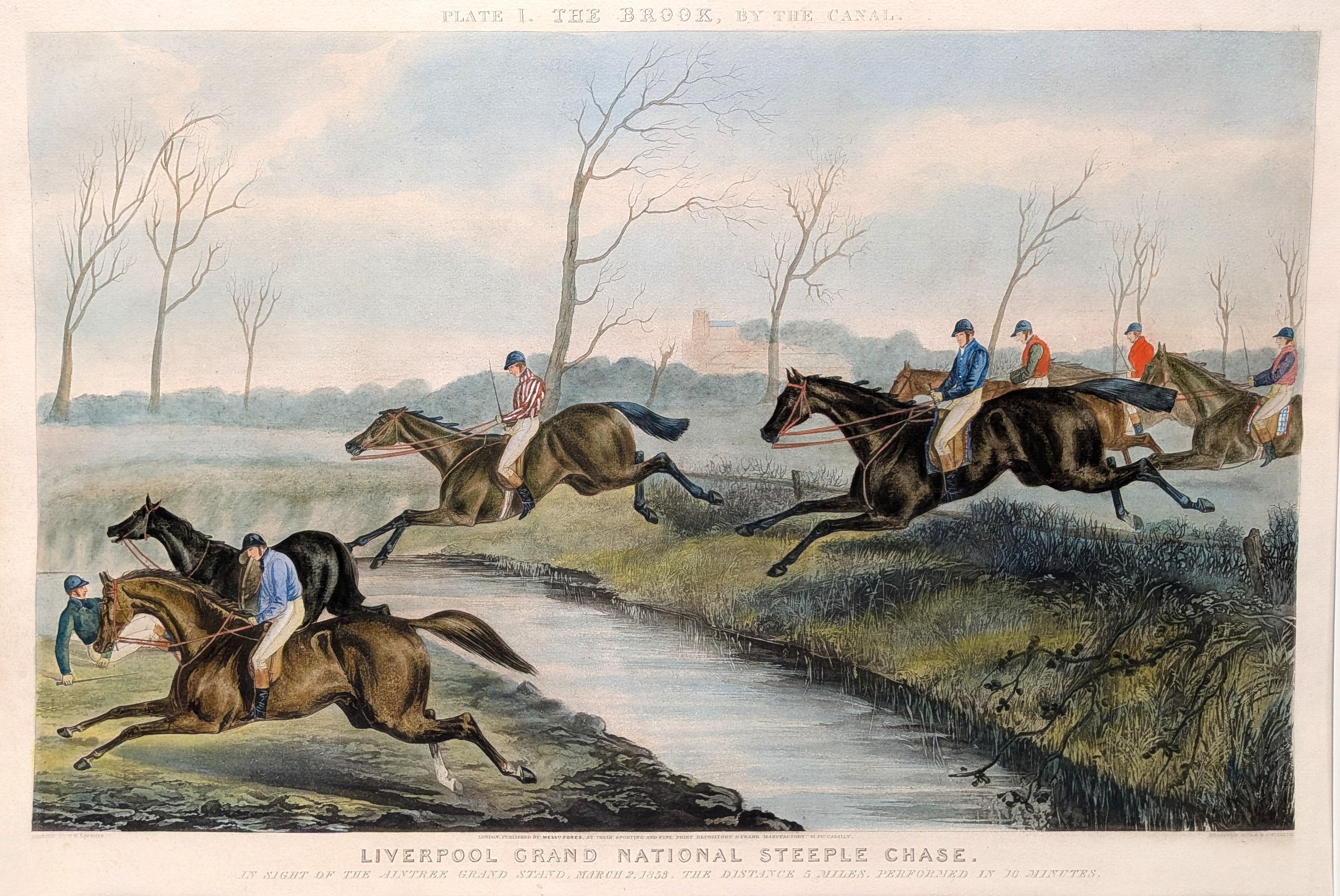 Liverpool Grand National Steeple-Chase. A complete set of four coloured original antique engravin...