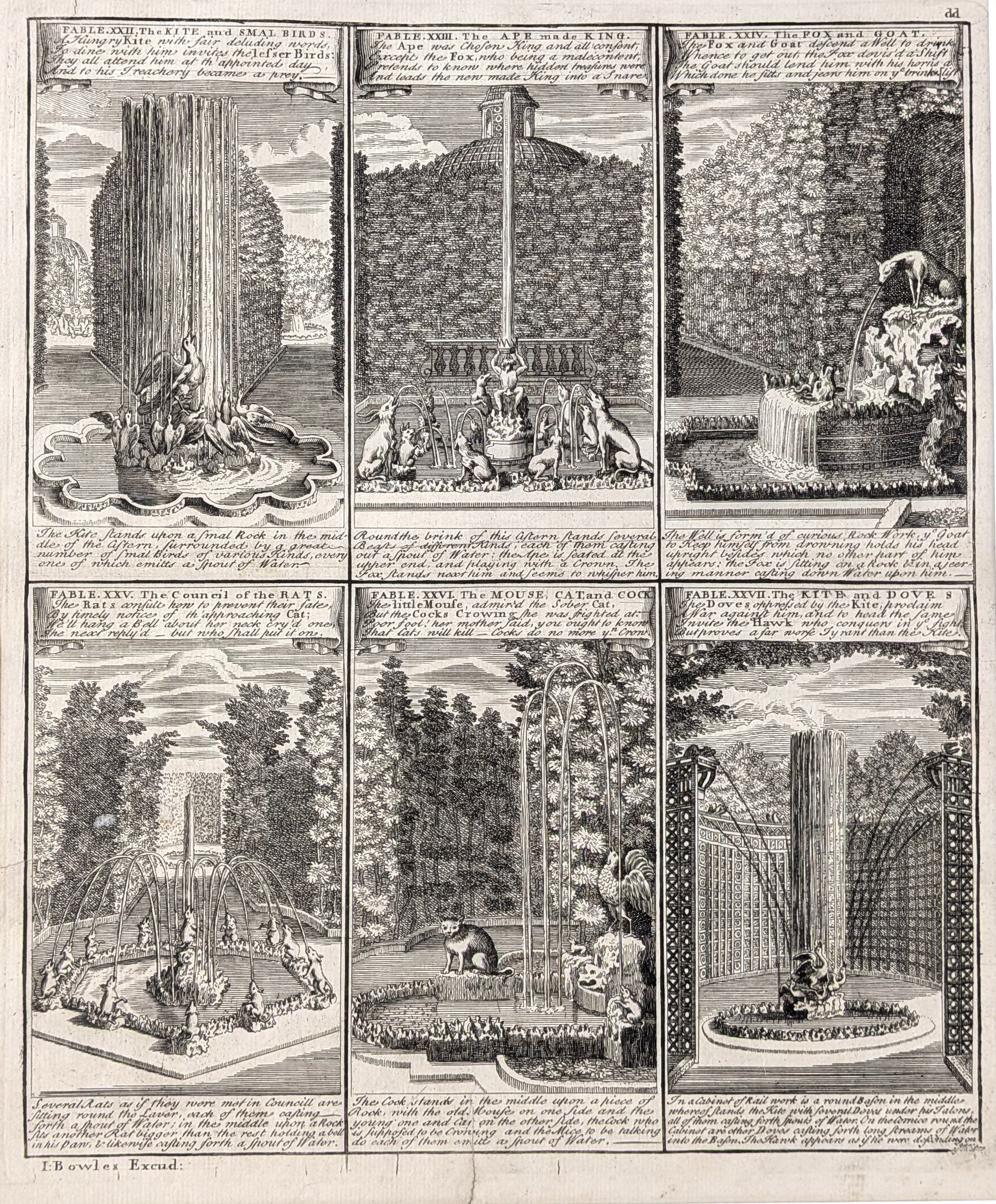 Versailles. Aesop's Fables 22 - 27. Original antique print by John Bowles, published in 1726. Fro...