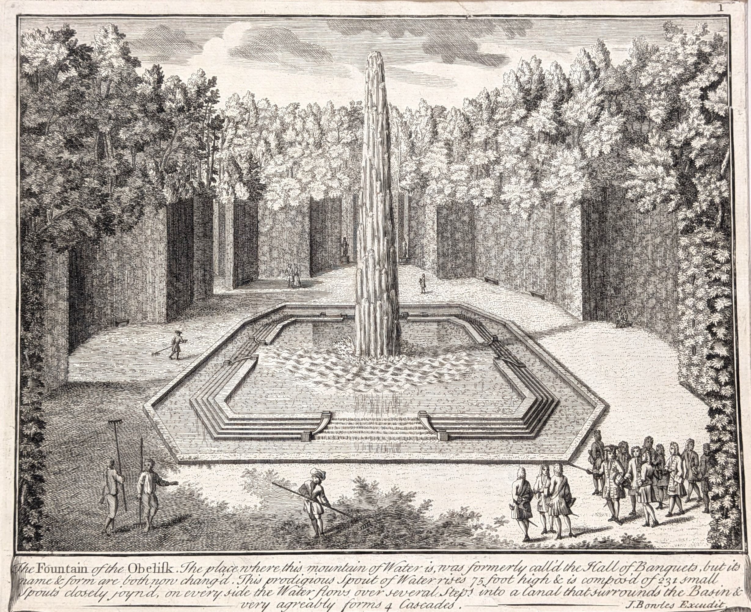 Versailles. The Fountain of the Obelisk.  Original antique print by John Bowles, published in 172...