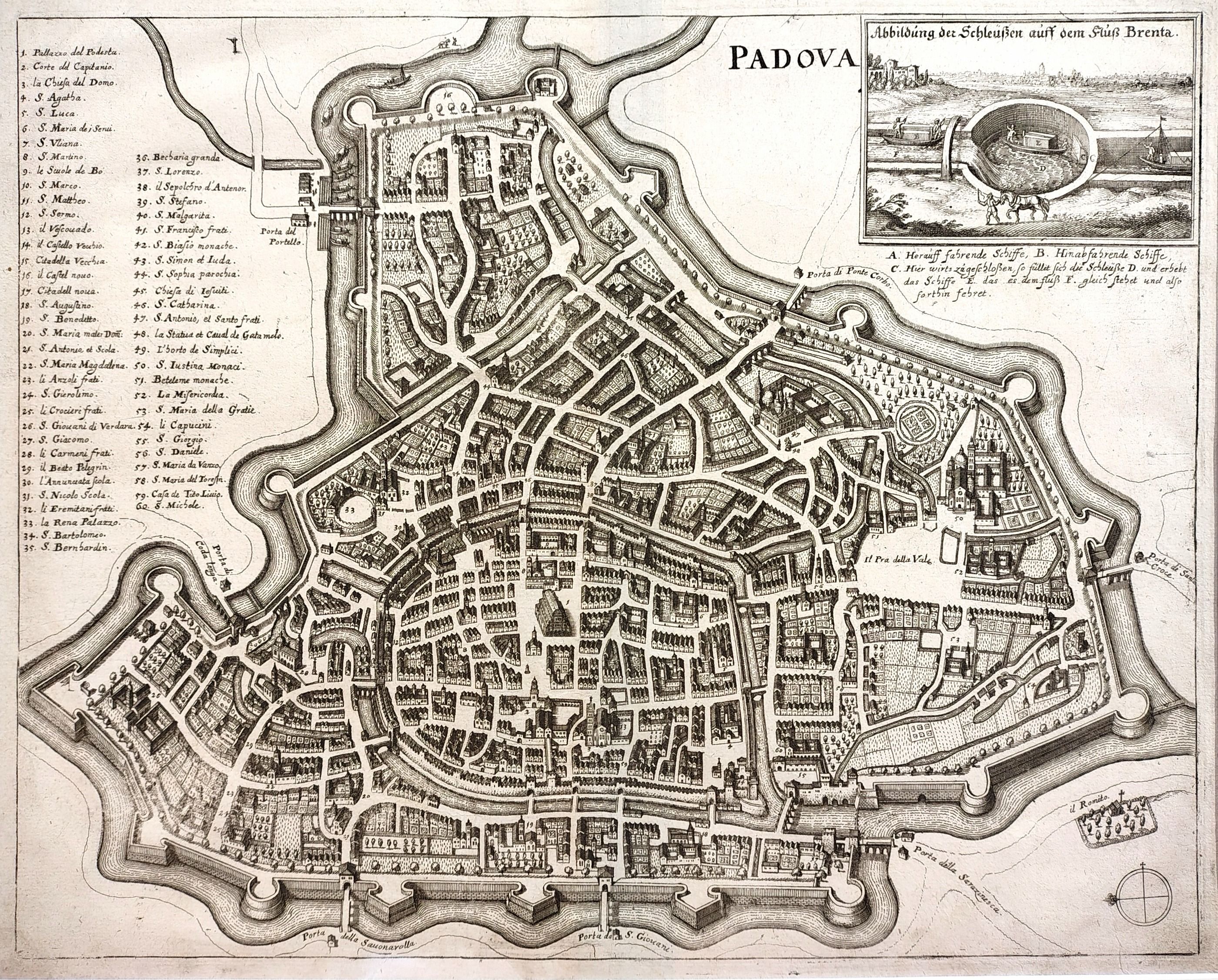Padova (Padua). Original antique map by Matthias Merian. From Zeiller’s “Itinerarium Italia Nova ...