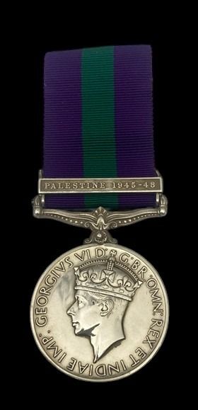 General Service Medal 1918-1962, GVIR 1st type bust, 1 Clasp: Palestine 1945-48 awarded to Lance ...