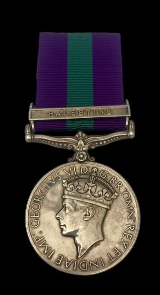 General Service Medal 1918-1962, GVIR 1st type bust, 1 Clasp: Palestine awarded to Private C.B. R...